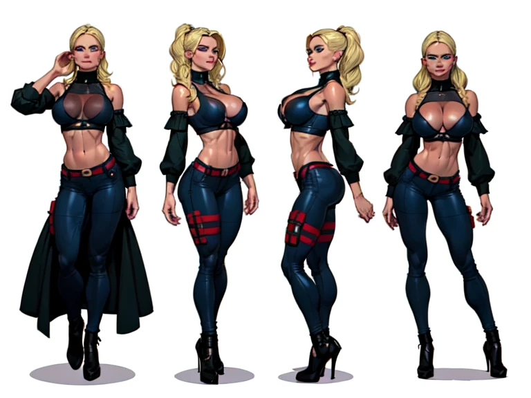 ((masterpiece)),(((best quality))),((character design sheet)),  ((flat color, plain color)),concept, poses, masterpiece, best quality, highres, 1girl, apocalypse mercenary female, (blonde hair:1.2), pompadour hairstyle, long hair, visible forehead, military gear,  blue eyes, black ((black tube bra:1.1)), (black crop top), ((visible underboob)), green snake pants, large breasts, standing, blank background ,chara-sheet