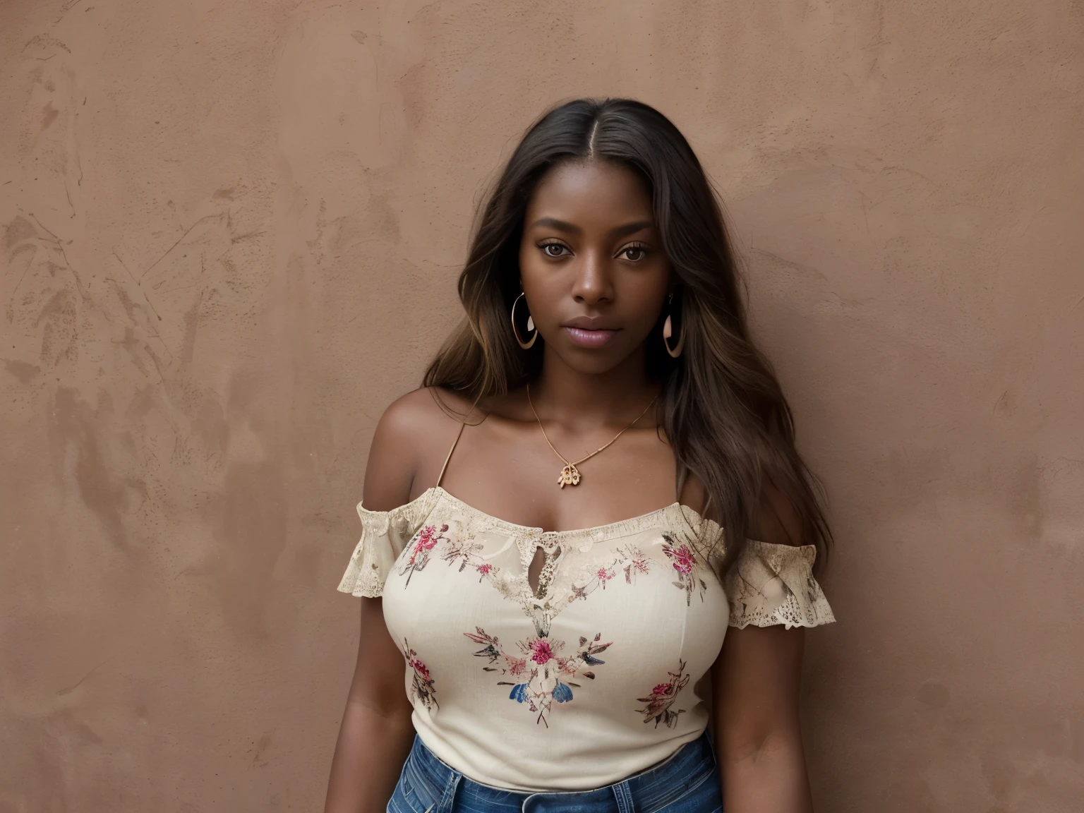 PA7_Photo_v3, PA7_Human-Likeness, PA7_Skin-Imperfection, a woman, dark skin, standing in front of a red sienna stucco wall, richly textured stucco wall with a crude floral mural hand-painted, a woman rests, posed relaxed, she's wearing a short sleeve peasant top, airy lace details, easy-fit, a sophisticated look, all over floral embroidery:1.1)), hands relaxed, thumbs hooked into (her faded jeans, stretched around her curvy body), thighs, gemstone teardrop necklace, radiant, her head tilts down, she's looking into camera, hair pulled back, two colors of brown and blonde, amber, gemstone pear drop earrings, strands of long hair fall over her stunning eyes,
PA7_Portrait-MS