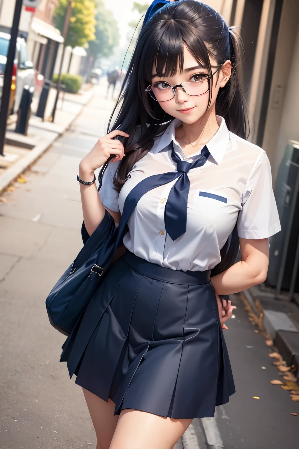 A Beautiful Girl, walk to school, long hair in a ponytail,, bangs, Wear glasses, Naughty smile, (Clear Buttons White Tight Office Shirt, Navy blue tie, Blue long skirt), anime