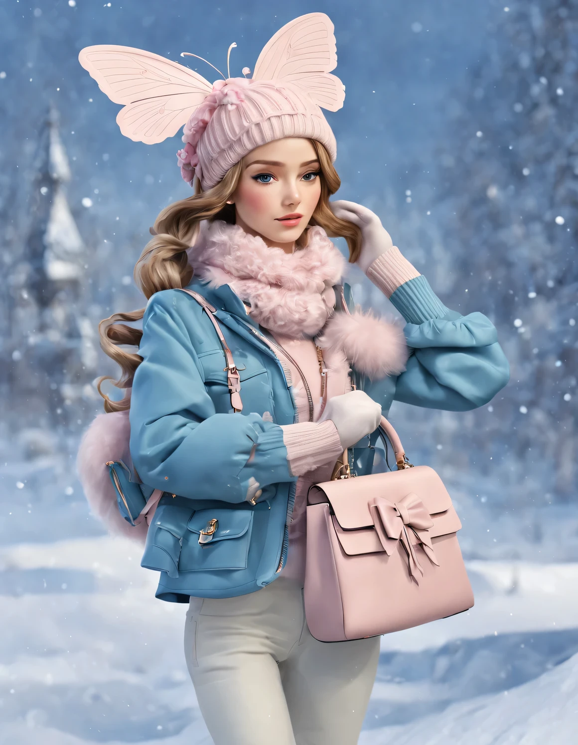 A cute 3D style girl wearing a pink turtleneck sweater and a blue (jacket) jacket, winter scarf, jeans, gloves, bow tie bow tie, butterfly bow tie, small round hat (with floral or feather decorations), push (women's) handbag,
Cotton, linen, wool, pink and cool blue, paired with soft tones and rich wool textures and fur elements, create a warm and fashionable winter fashion,
Cartoon, Disney style, clean background, left, 3D, mixer, c4d, OC rendering, high detail, high quality, 8k,