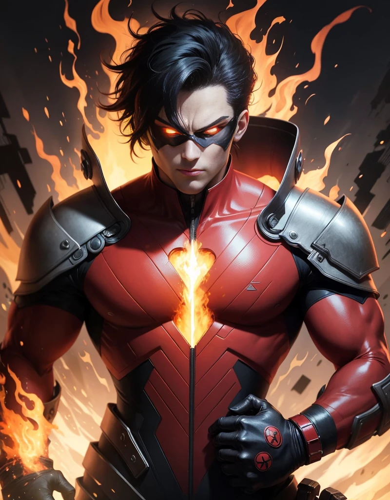 Blaze wears a red and black suit that protects him from heat and flames. He has a mask that covers his eyes and mouth, and a fire symbol on his chest. His hair is black with red streaks, and his eyes glow orange when he uses his powers. realistic,detailed
