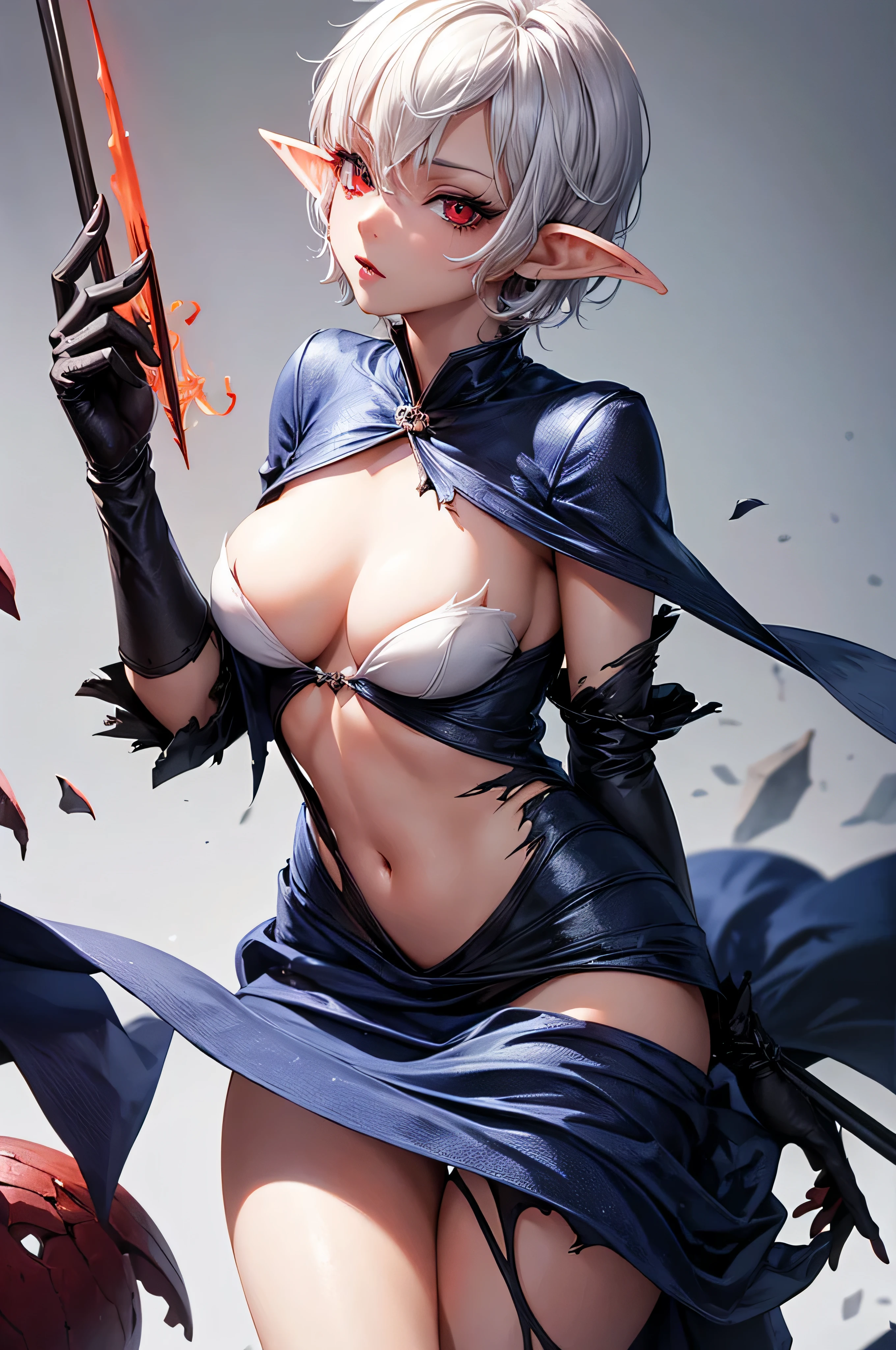 (4k quality), sexy and thin elf, torn clothes, detailed short white hair, detailed red eyes, best quality, expressive eyes, perfect face, with a magic wand
