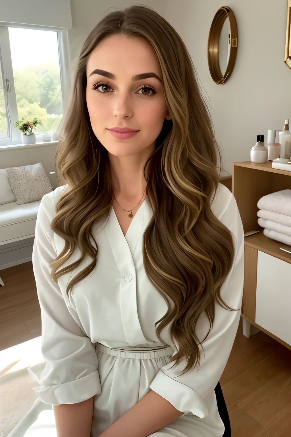 Title: "Aesthetician Elegance: Serenity in the Beauty Room"
Description: Witness the visual allure of a 30-year-old aesthetician, epitomizing sophistication and professionalism in her tranquil beauty room. Picture a woman with a slightly rounded figure, an oval face, and a small forehead. Her light olive complexion is accentuated by the warm glow of the room, while her brown hair cascades down her back in soft, highlighted waves, adding a polished touch to her appearance.
In this tranquil setting, our aesthetician is depicted seated in her elegant beauty room, surrounded by a calming and visually