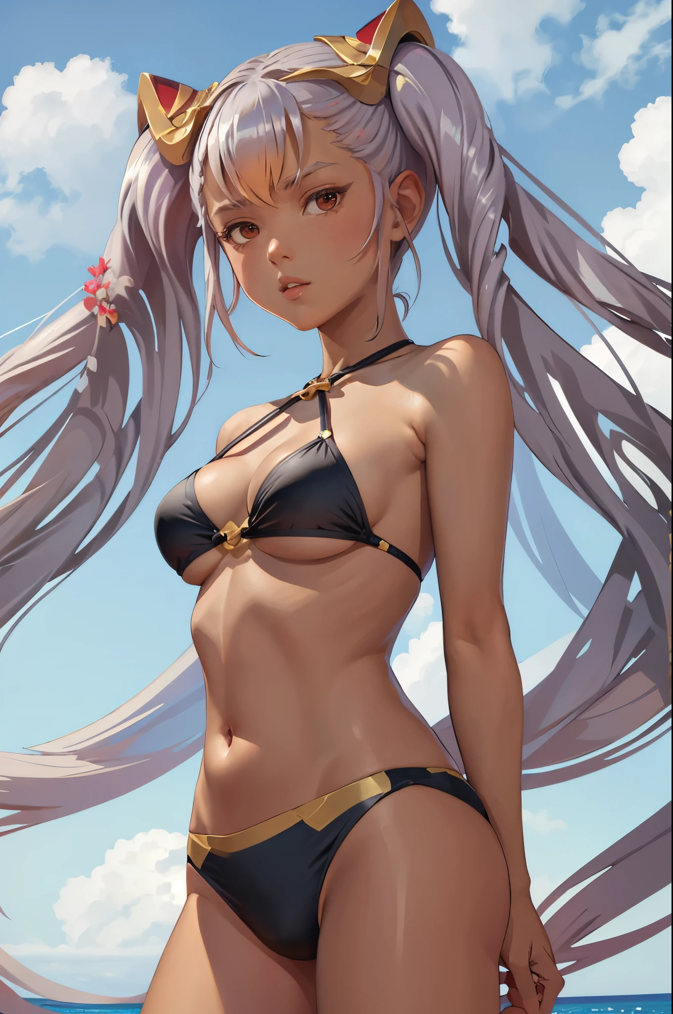 masterpiece, best quality, sumLaev, hair ornament, twintails, black bikini, upper body, portrait, looking at viewer, from below, large breasts