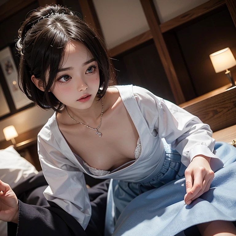 1 girl, downblouse, , munechira,(((small breasts))), looking away,signing at reception,bending over, birds-eye view shot , Upper body, necklace ,in at wedding reception,long sleeves dress, besides decolated detailed  bra within,long skirt, short hair 