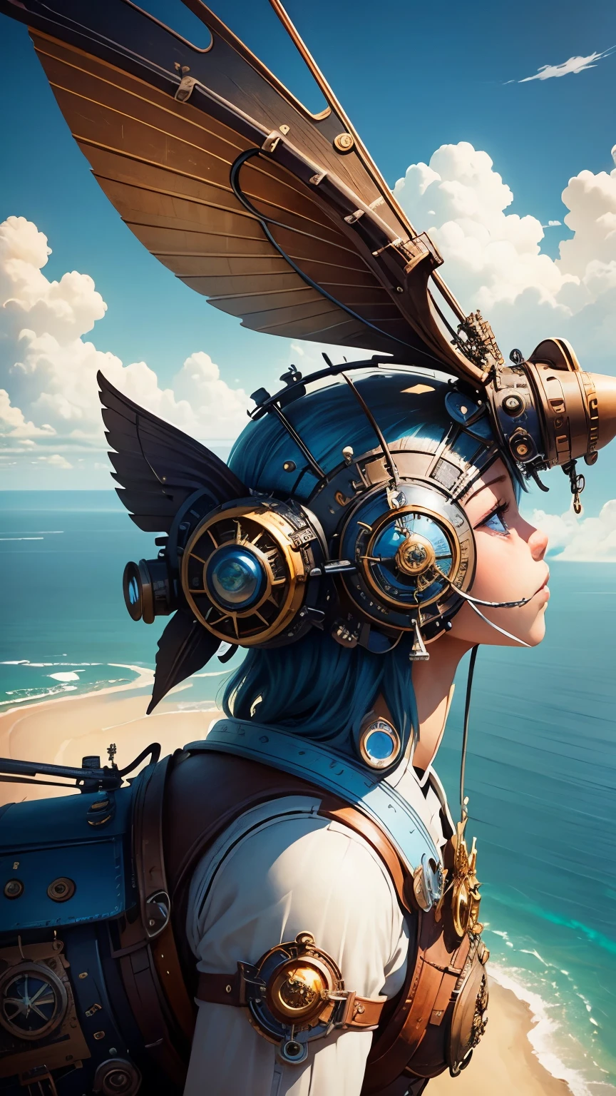 steampunkai。masterpiece。highest quality。excessive details。blue sky and white clouds。aerial view。An island floating in the sea below々。aerial perspective。High school girl in steampunk style。Take to the skies on a classic-style bicycle。