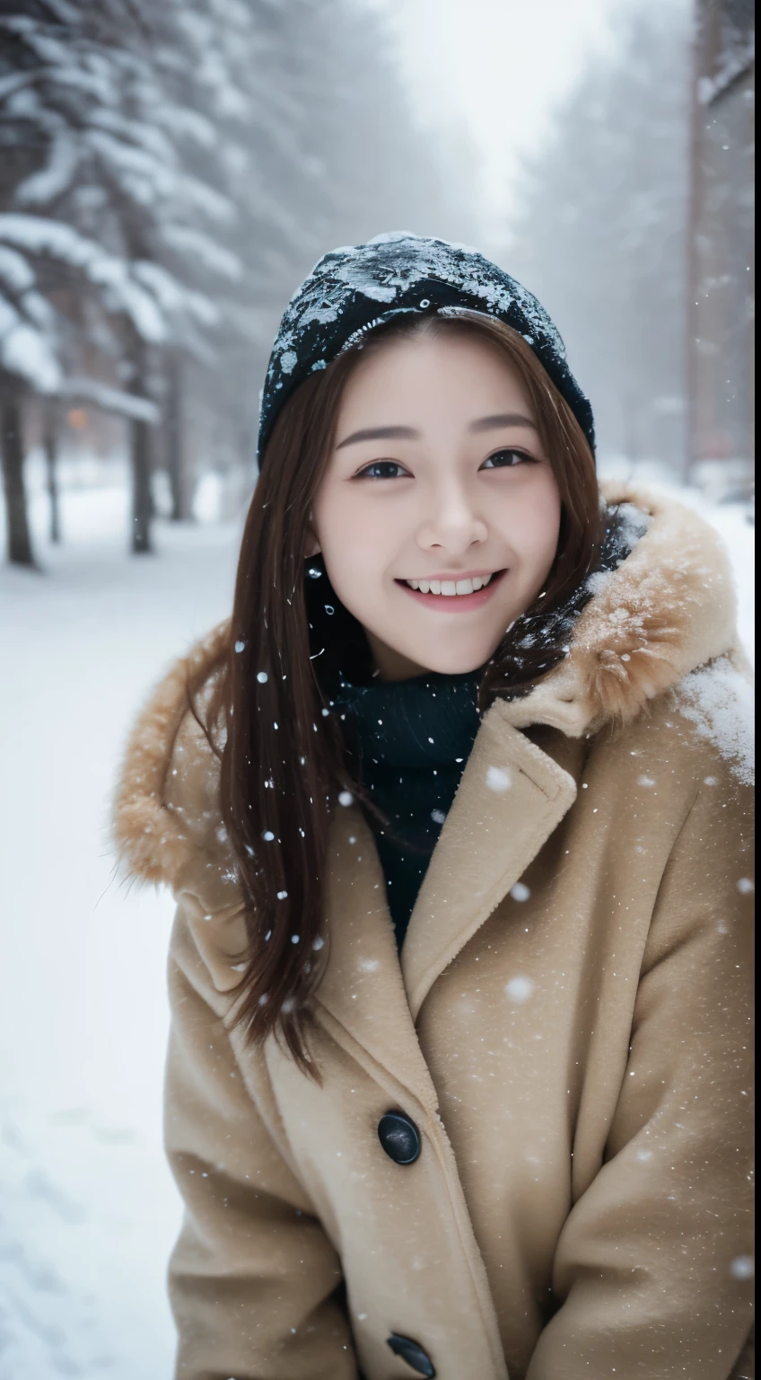 ((snow scene))、Warm coat、I can see the legs、Full body Esbian、laughter、(masterpiece、highest quality) 、cute、(big breasts:1.2)、((20 year old woman:1.ung adorable japanese face, ,soft portrait shot,In 8K,、Young and cute gravure idol