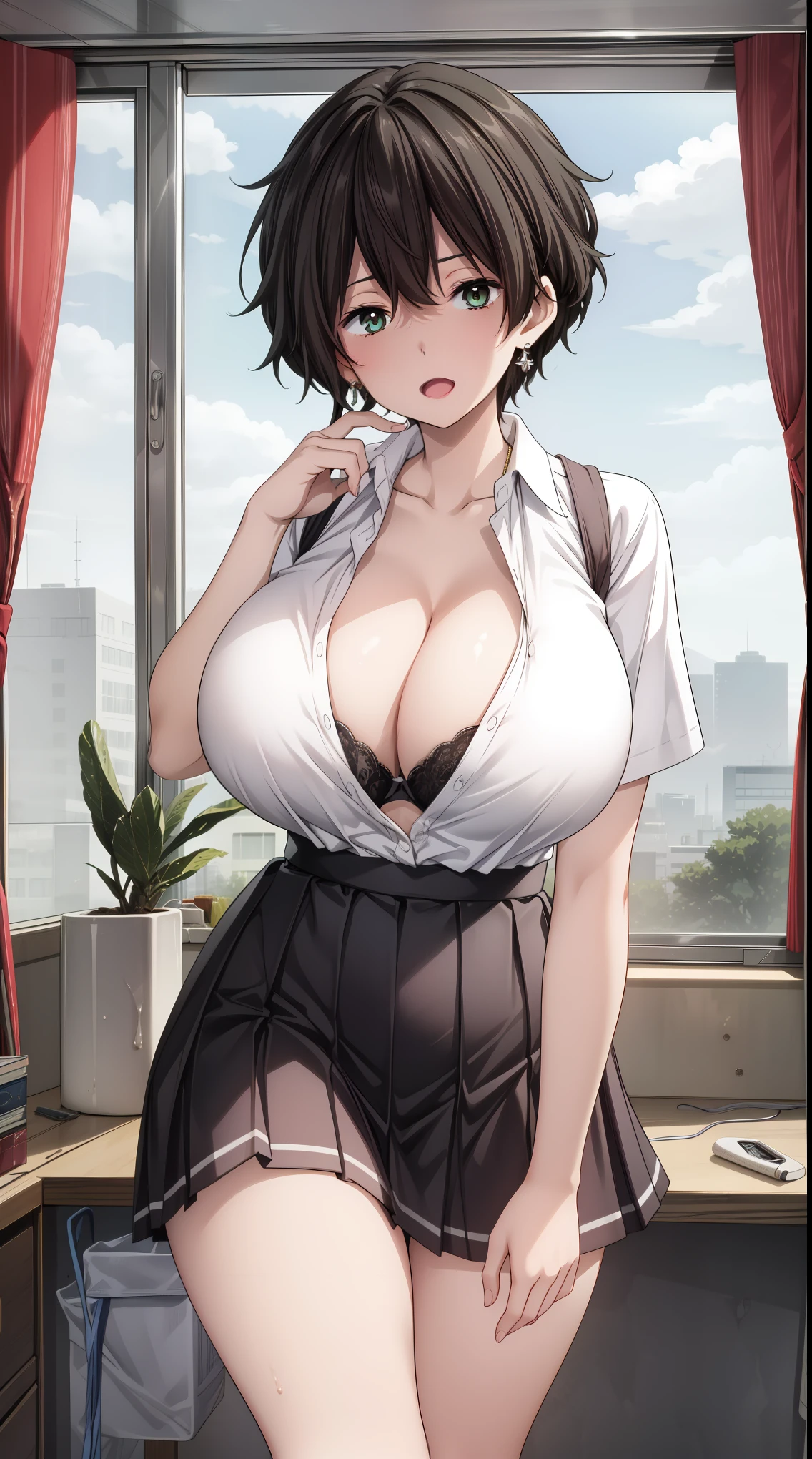  (Beautiful, Huge_Breasts:1.3), OREKI, GREEN EYES, MESSY BLACK HAIR, long hair, (very short skirt:1.4)

a sexy cartoon girl with very large breasts in a female outfit and school girl skirt, 1girl, breasts, ,bra, skirt, solo, shirt, between breasts, bangs, cleavage, looking at viewer, pleated skirt, blunt bangs, earrings, open mouth, night, jewelry, open clothes, smile, school uniform


(day:1.7), in a room with curtains on the windows,indoors, standing at attention, 
1 girl, 20yo,YOUNG female,Beautiful Finger, Beautiful long legs ,Beautiful body ,Beautiful Nose ,Beautiful character design, perfect eyes, perfect face,

looking at viewer, in the center of the image, 

official art, extremely detailed CG unity 8k wallpaper, perfect lighting,Colorful, Bright_Front_face_Lightinasterpiece:1.0),(best_quality:1.0), ultra high res,4K,ultra-detailed,
photography, 8K, HDR, highres, absurdres:1.2, Kodak portra 400, film grain, blurry background, bokeh:1.2, lens flare, (vibrant_color:1.2)
, (beautiful_face:1.5),(narrow_waist), (Beautiful,Huge_Breasts:1.3)