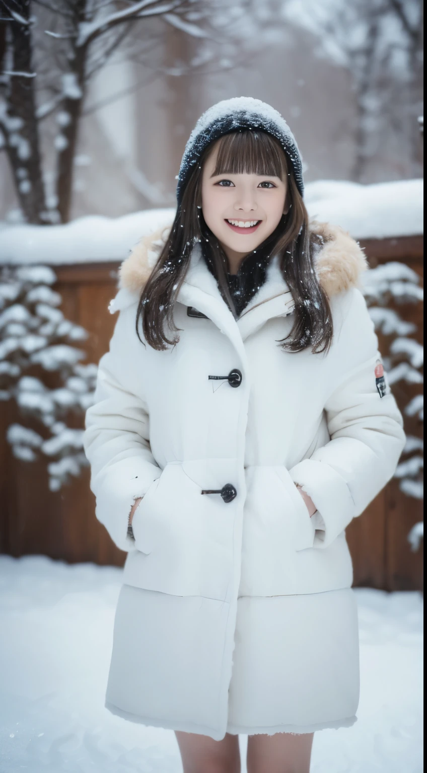 ((snow scene))、Warm coat、I can see the legs、Full body Esbian、laughter、(masterpiece、highest quality) 、cute、(big breasts:1.2)、((20 year old woman:1.2))、young adorable japanese face, ,soft portrait shot,In 8K,、Young and cute gravure idol