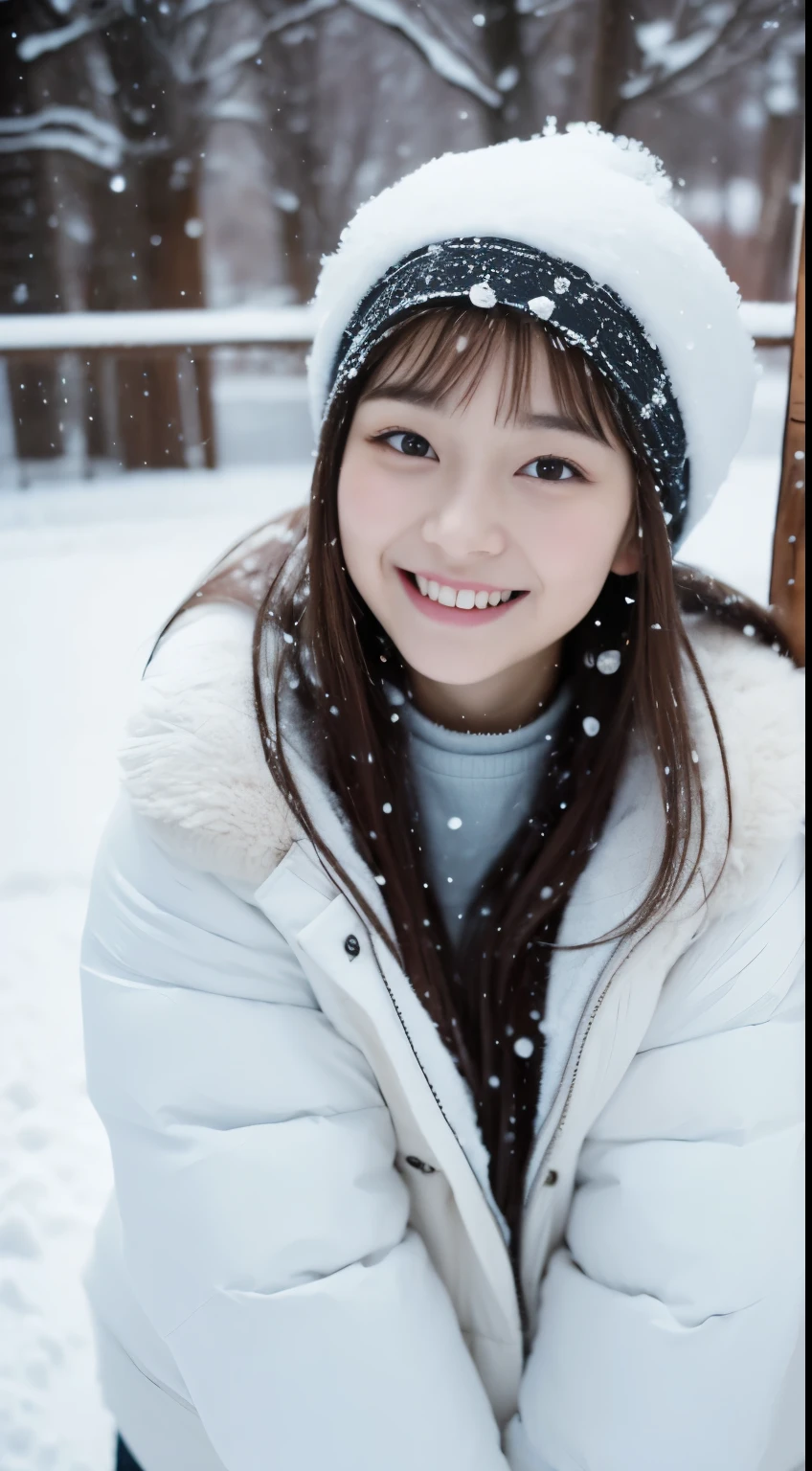 ((snow scene))、Warm coat、I can see the legs、Full body Esbian、laughter、(masterpiece、highest quality) 、cute、(big breasts:1.2)、((20 year old woman:1.2))、young adorable japanese face, ,soft portrait shot,In 8K,、Young and cute gravure idol