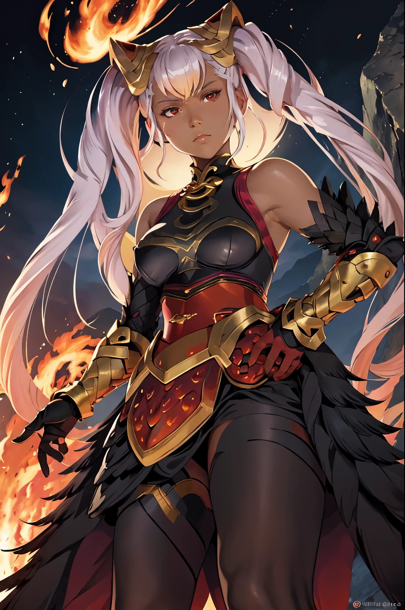 masterpiece, best quality, defLaev, hair ornament, twintails, black bodysuit, bare shoulders, armor, gauntlets, feather trim, upper body, portrait, looking at viewer, from below, fire, rocks, lava, large breasts