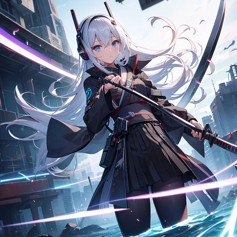 (((computer、electronic circuitry))),light with electrons flying around, ((Katana、With weapons))((1 swordsman woman)),alone, ,whole body,kimono、(machine-made),Expressionless,(headphones),fantasy、cute face、black and white、Bewitching、ultra high resolution、8K、