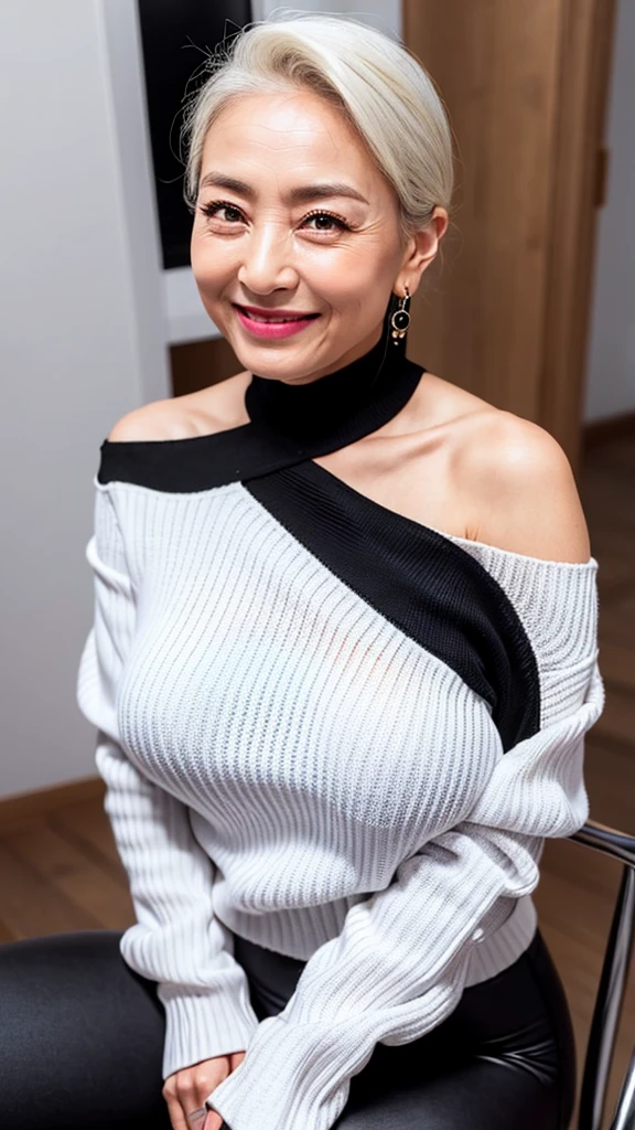 ​(masterpiece, highest quality), japanese mature, (alone), 60 years old, (wrinkles around the eyes:1.45), big breasts, mature woman, Glamour, Sexy, pure white skin, looking at the viewer、super big breasts、(long hair)、small diamond necklace、earrings、(((Detailed white knit off shoulder, Black leggings)))、high heels、smile、Public place、cross your legs、sit on a chair、full body photo、