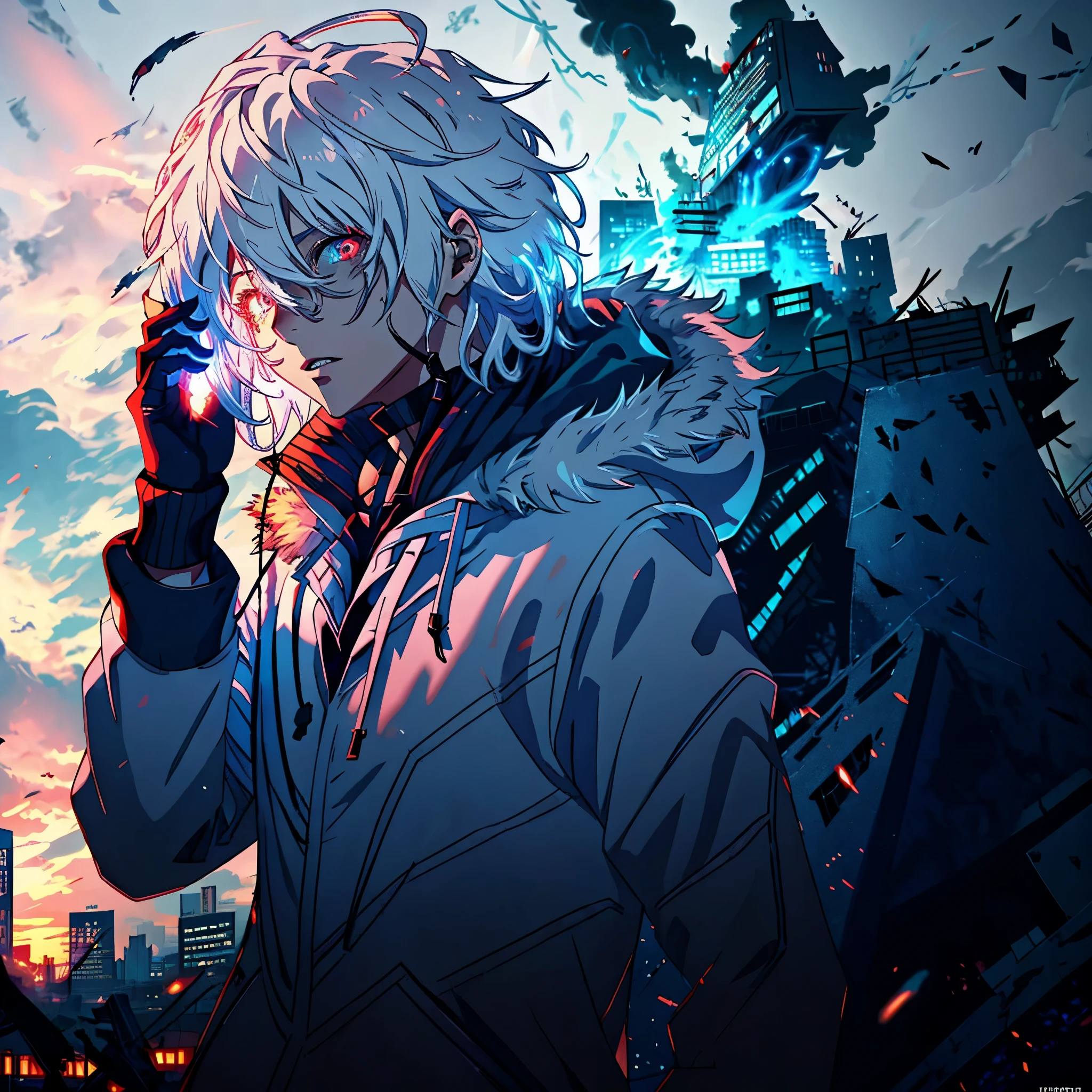 Anime humanoid monster, character design,wearing a futuristic mouth mask, serious face,boy,maniac,deranged look,messy unkept hair,hair covering right eye, vibrant eye color,red and blue eyes,(white hair), close up shot, creating a crack in reality, powerful aura, destroyed city, very dark,night,8k,64k, HD, unparalleled masterpiece, dynamic lighting, cinematic, epic Highest quality digital art, Stunning art, wallpaper 4k