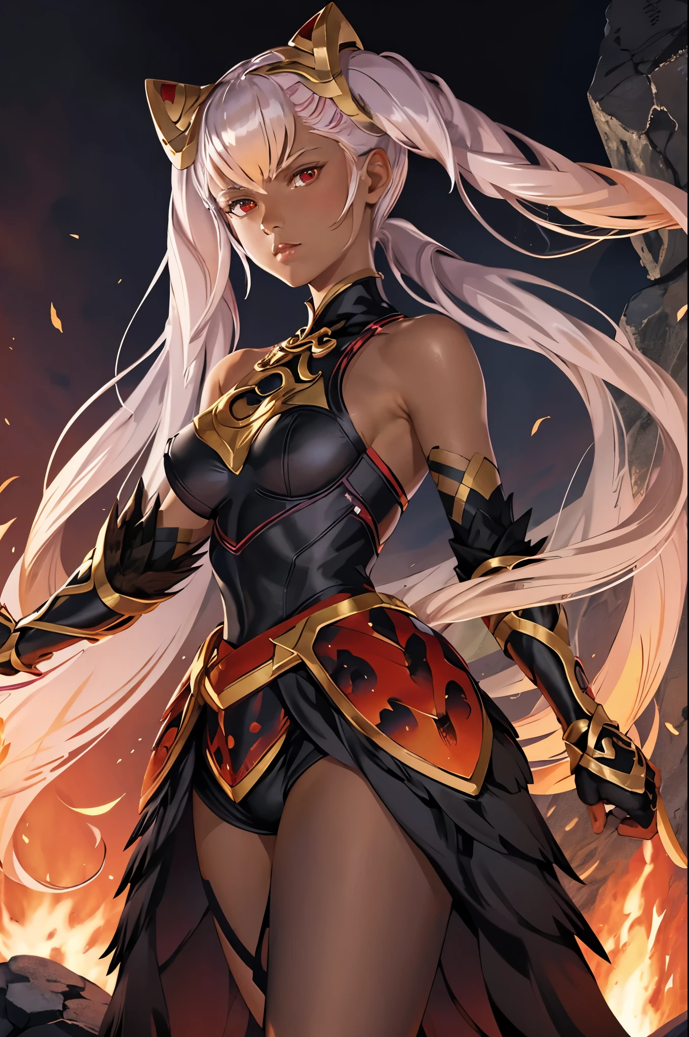 masterpiece, best quality, defLaev, hair ornament, twintails, black bodysuit, bare shoulders, armor, gauntlets, feather trim, upper body, portrait, looking at viewer, from below, fire, rocks, lava, large breasts 