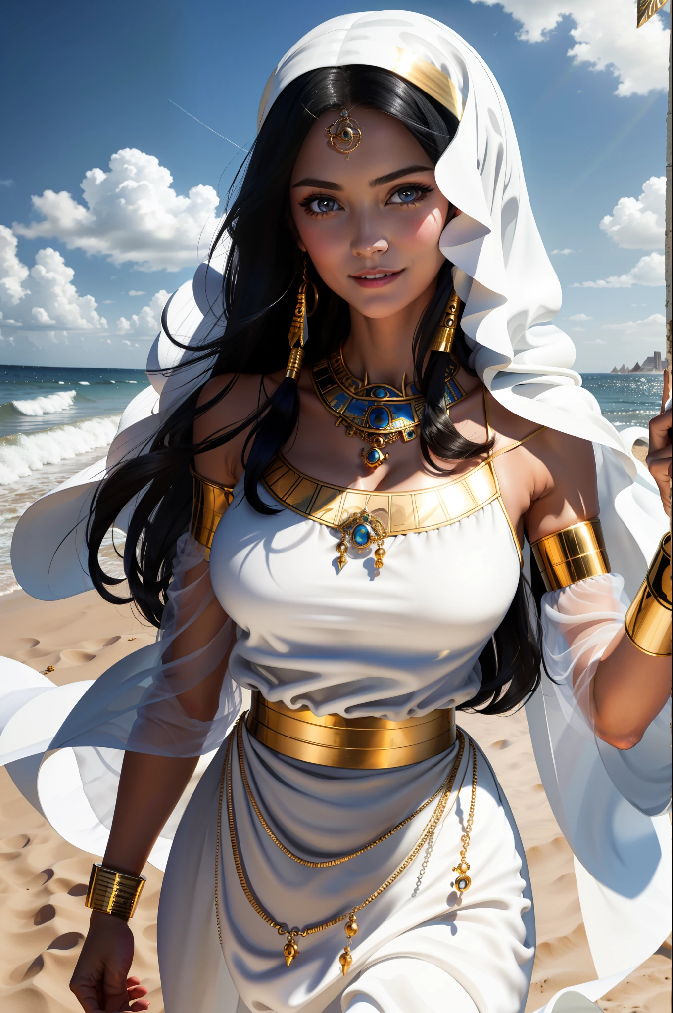 Masterpiece, Superb Girl, 1girl, slim body, long black hair, white skin, solo, blue eyes, white skin woman, breasts, desert, jewelry, Egyptian, big breasts, gold, necklace, bare shoulders, bracelet, wide sleeves, cover, sky, eye of horus, clouds, bare shoulders, blue sky, daytime, hair pipe, standing on the beach, high face, seductive expression, happy expression, smile, mature woman, sheer gauze dress, beautiful long black hair, strong wind