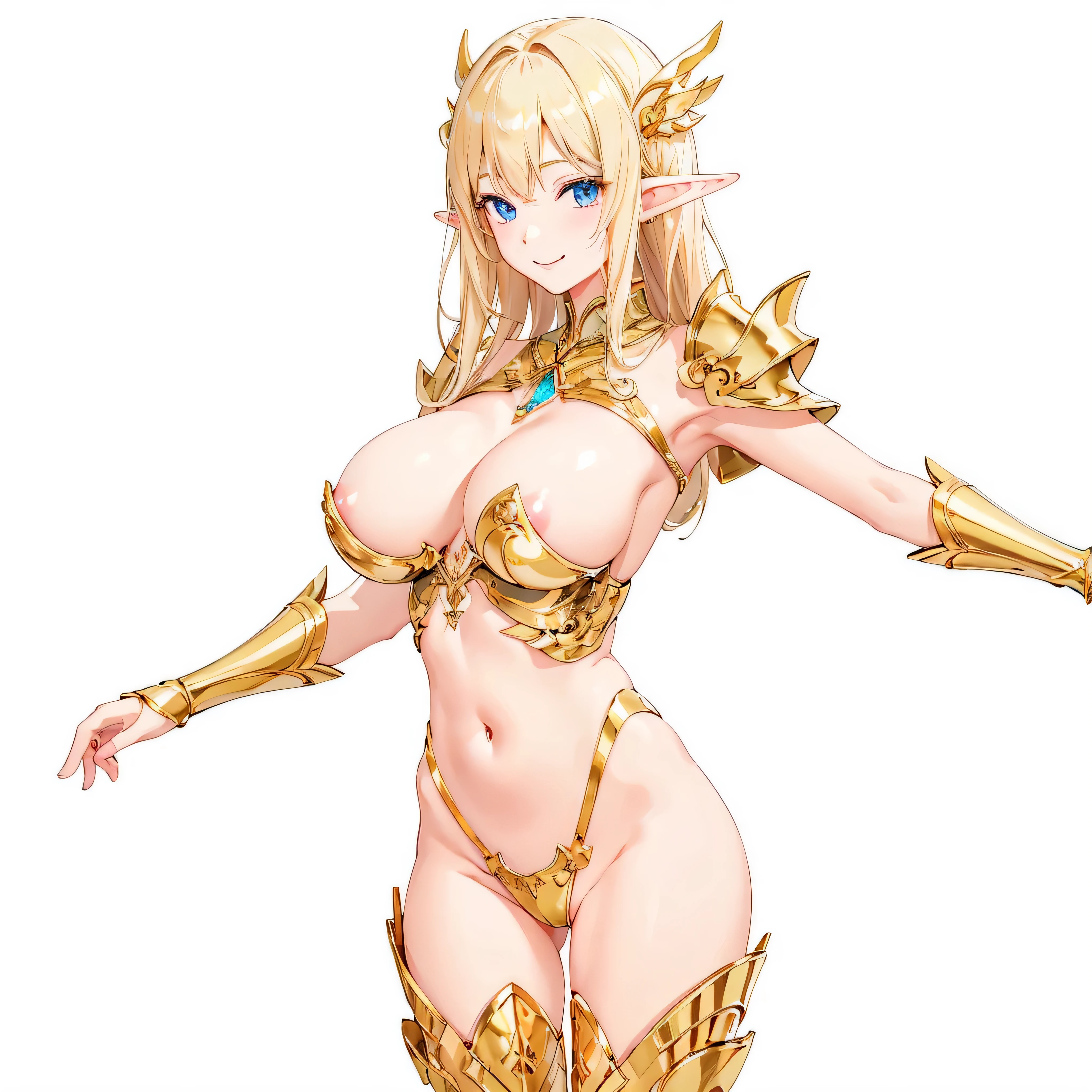 masterpiece、highest quality、very detailed、High resolution、１６ｋ、I can see your nipples、Teetoob proportions、elfの女の子、Golden armor has a shine、extremely transparent skirts、black panties、very white skin、beautiful fingers、Anime girl with very big breasts posing naked、perfect style、elf、No bra、blonde blue eyes、cool smile、slim the contours