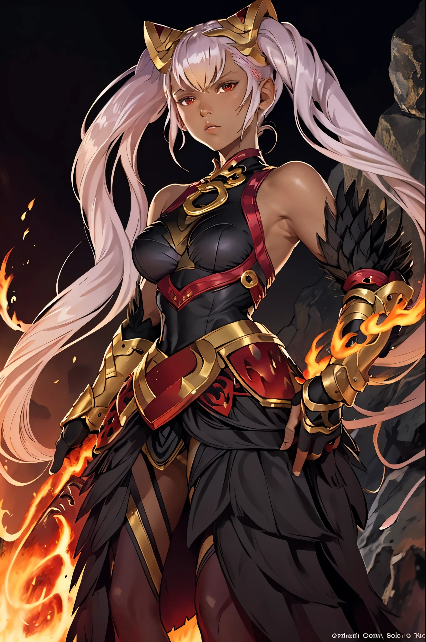 masterpiece, best quality, defLaev, hair ornament, twintails, black bodysuit, bare shoulders, armor, gauntlets, feather trim, upper body, portrait, looking at viewer, from below, fire, rocks, lava, large breasts 