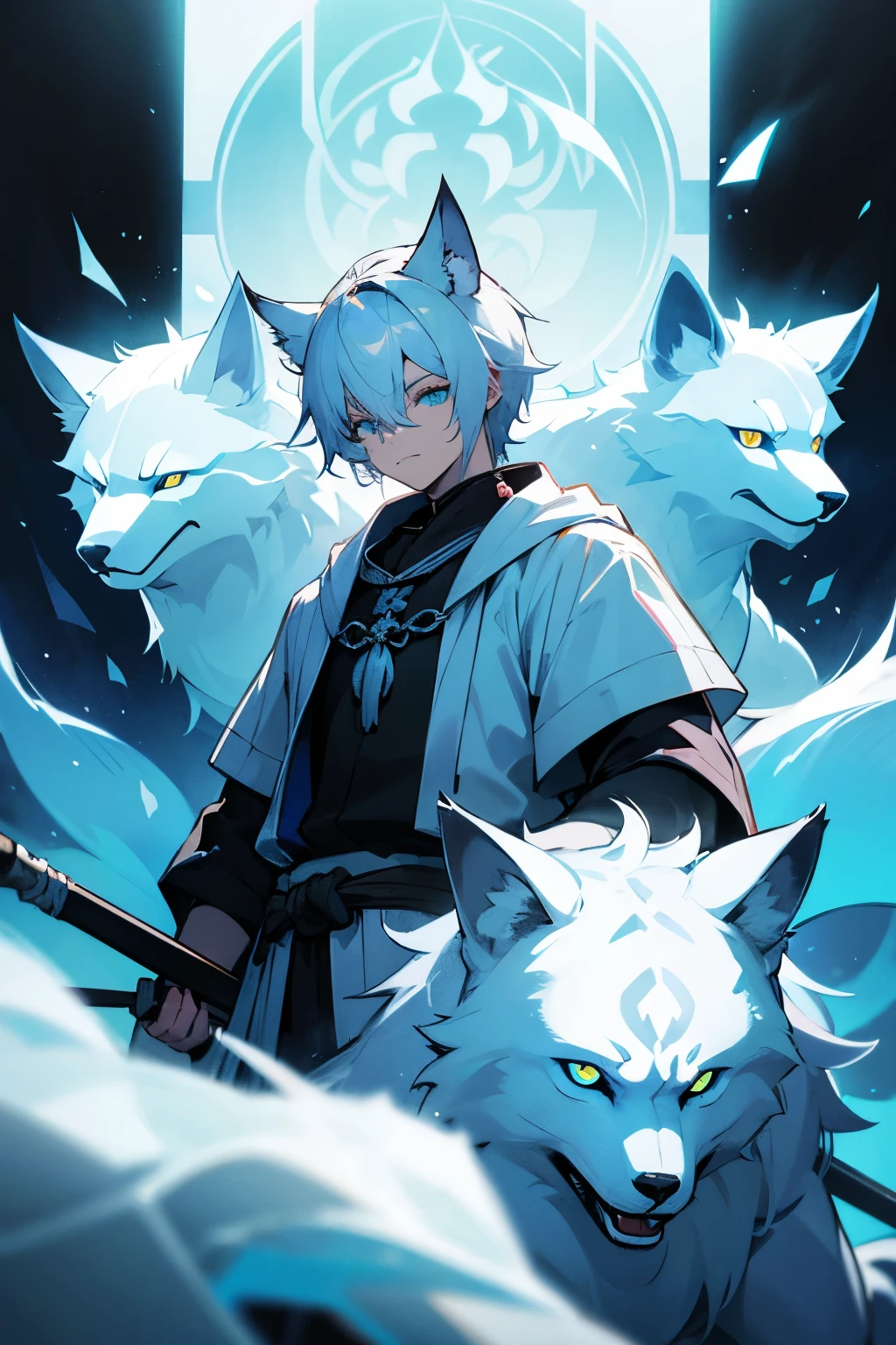 master masterpiece, 4k, highly detailed, 1male, cat ears, muscular, short hair, (half color hair), white hair, ((ice wolfs theme)), cyan eyes, monk, snow, Clear focus, hard lighting,brave, furious, vivd colour.