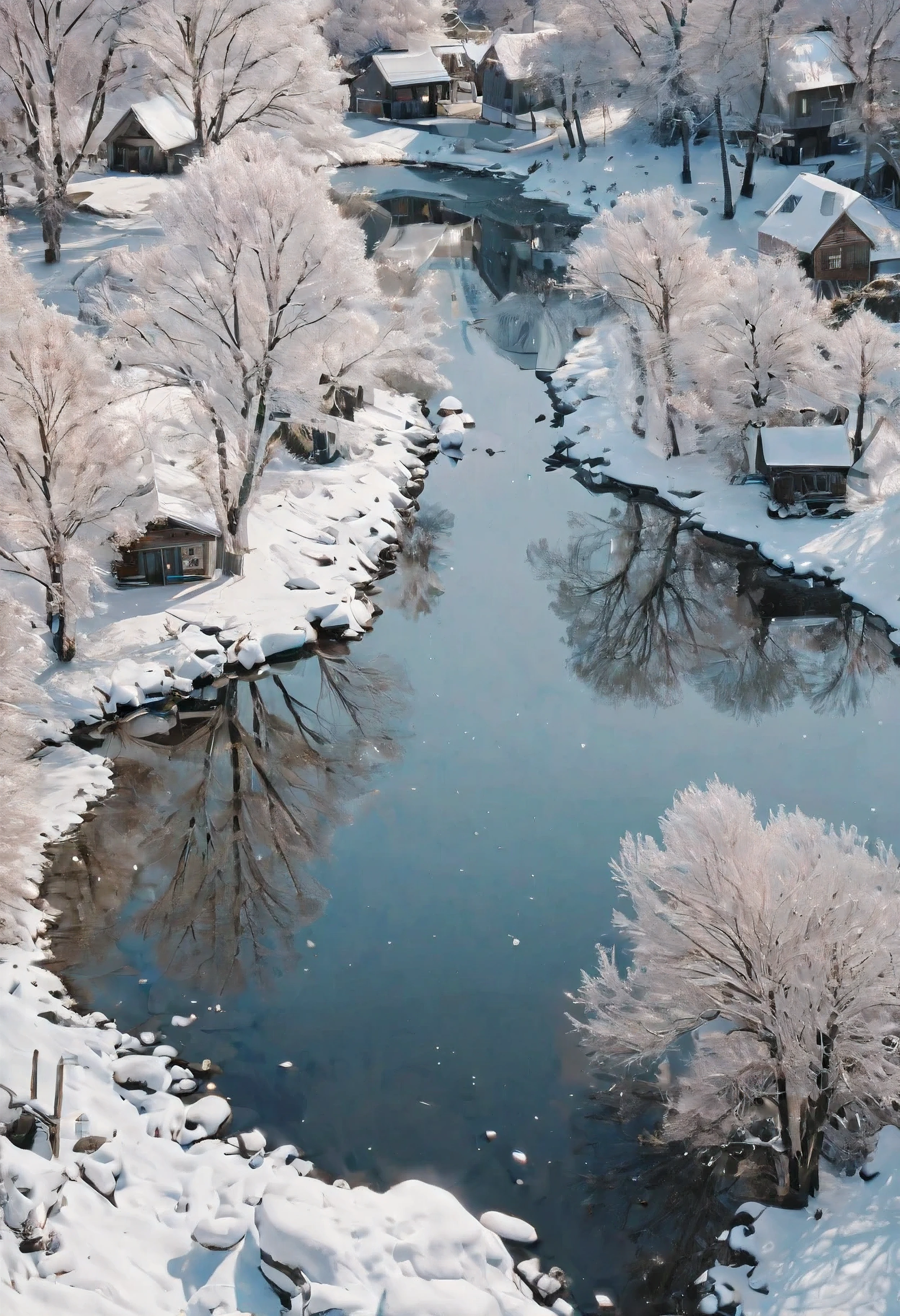 ((soft_color_photograpy:)1.5), ((soft_color_tones):1.4), ((crystal clear water reflection background):1.3), ((very heavy snow):1.4)),((bird eye view of a village):1.2),((Movie-like still images and dynamic angles):1.3), ((cool and beautiful shadow silhouette):1.1), Gouache with intricate details, Add a touch of realism to this visually detailed and stylistically diverse masterpiece, Detailed photography have been enhanced, Careful photography creates an atmosphere, Utilize delicate yet powerful photography techniques, Create an enchanting atmosphere. highly detailed gouache, ((Unparalleled sharpness and clarity):1.1), ((Radiosity rendered in stunning 32K resolution):1.3), All captured with sharp focus.