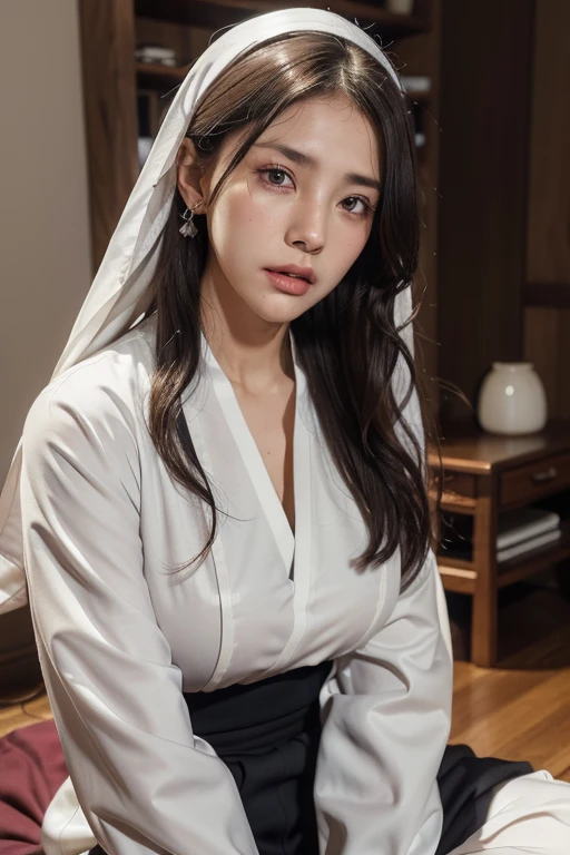 (masutepiece: 1.3), (max resolution: 1.2), (Ultra HDTV: 1.2), cinematric light, 8K resolution,
Detailed eyes and skin, detailed facial features, , (Sharp Focus: 1.2), (Focus on Face:1.2),Perfect Style, Beautiful face, 准确, Anatomically correct, Highly detailed face and skin texture, Detailed eyes, Double eyelids, Thin eyebrows, Natural cheeks, Glossy skin, Fair skin: 1.2, (Glossy lips: 1.4),、 (Shy look: 1.2),Highly detailed facial and skin texture, Detailed eyes, Double eyelids, Natural cheeks, , shiny lips: 1.4,Exposed cleavage、(Chest lotion:1.8)(Mucus in the thighs:1.8)、(Overflowing sperm 1.5)、
red blush、humiliated、impatience、dismay、Frightened、glares、is crying、embarrassed from、Open knees、open one's legs、Masturbation behavior、rubbing the genitals with your own fingers,,,、
White underwear、White bra、Shiny little earrings and necklaces、、Disheveled clothes、Dressing、Exposed panties、Wearing sweat、sodden、Sheer underwear、
25 years old, Neat and clean woman 、Wavy Hair、 Semi-long hair, Big, upturned breasts, Sitting on the floor,Ruins、White-silver hair、Green ash eye,(Monastic uniforms:1.5)、veils、