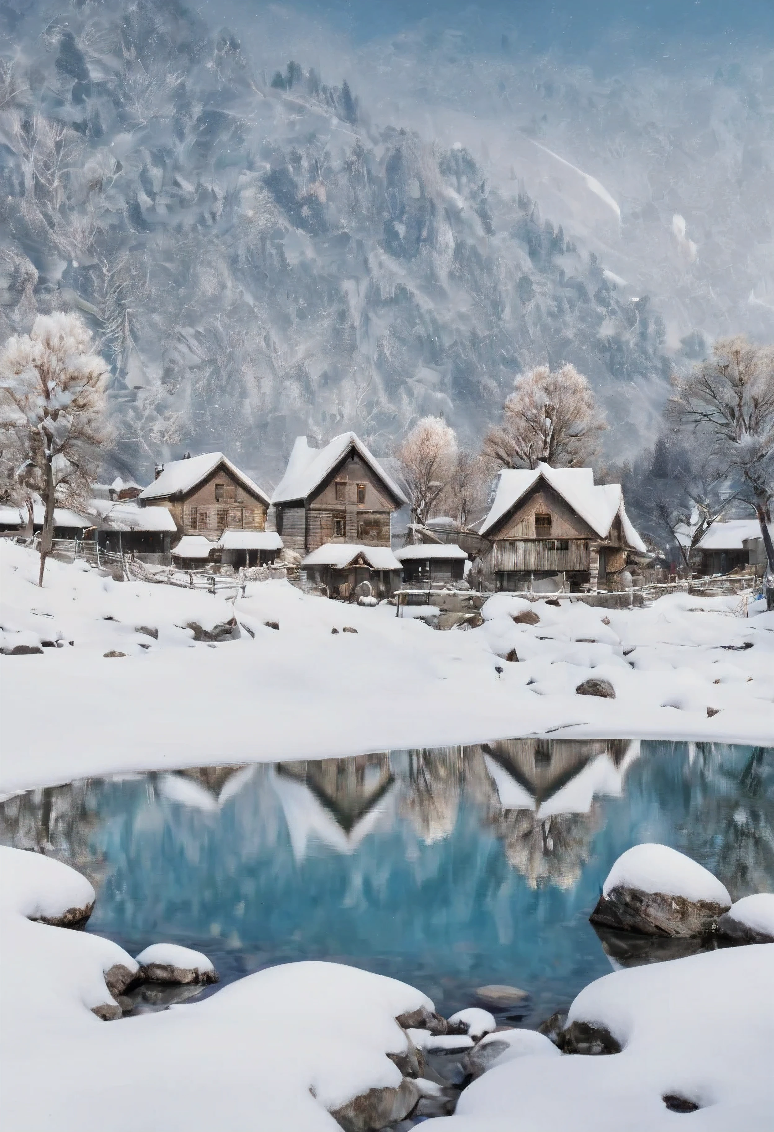 ((soft_color_photograpy:)1.5), ((soft_color_tones):1.4), ((crystal clear water reflection background):1.3), ((very heavy snow):1.4)),((bird eye view of a village):1.2),((Movie-like still images and dynamic angles):1.3), ((cool and beautiful shadow silhouette):1.1), Gouache with intricate details, Add a touch of realism to this visually detailed and stylistically diverse masterpiece, Detailed photography have been enhanced, Careful photography creates an atmosphere, Utilize delicate yet powerful photography techniques, Create an enchanting atmosphere. highly detailed gouache, ((Unparalleled sharpness and clarity):1.1), ((Radiosity rendered in stunning 32K resolution):1.3), All captured with sharp focus.