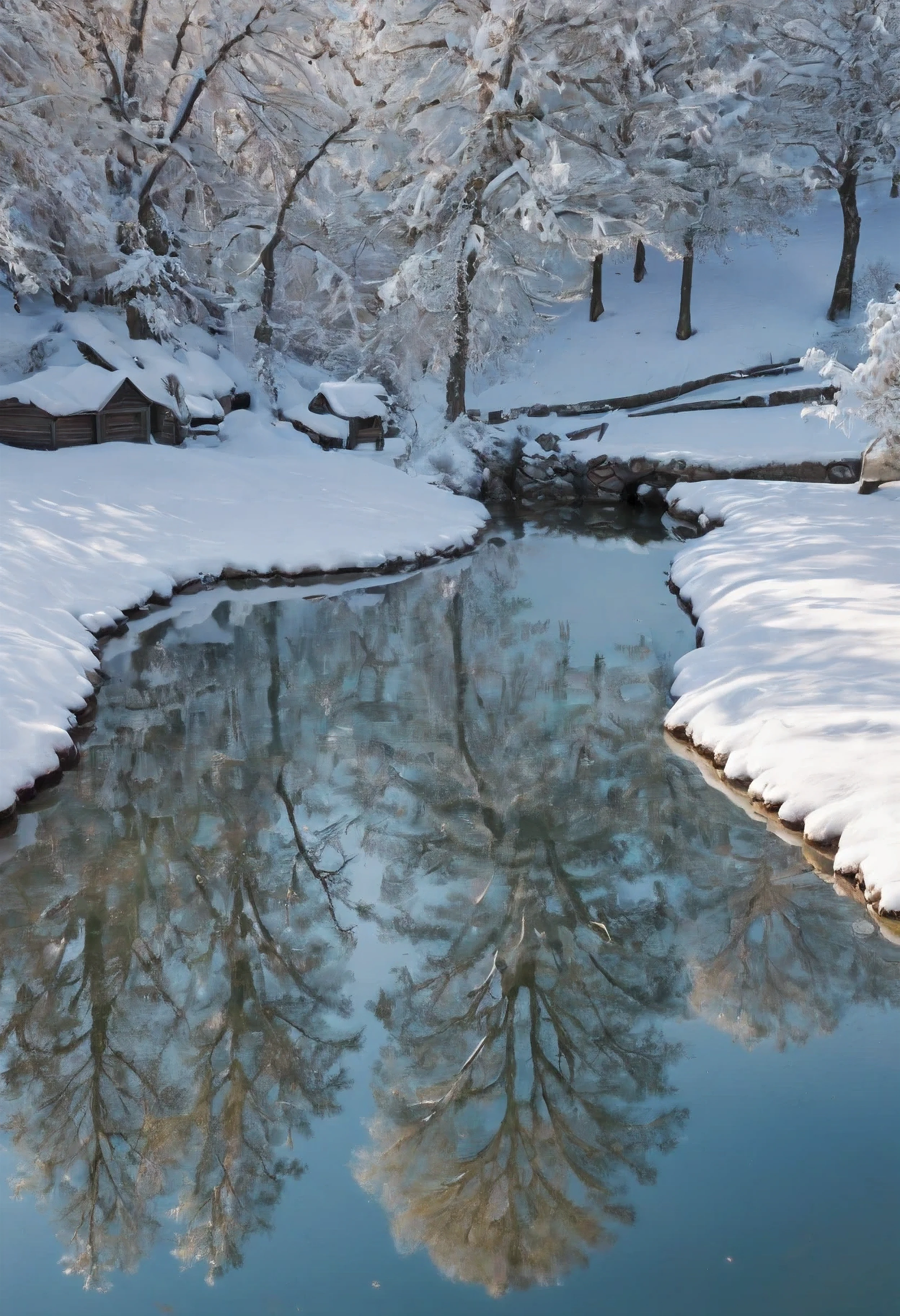 ((soft_color_photograpy:)1.5), ((soft_color_tones):1.4), ((crystal clear water reflection background):1.3), ((very heavy snow):1.4)),((bird eye view of a village):1.2),((Movie-like still images and dynamic angles):1.3), ((cool and beautiful shadow silhouette):1.1), Gouache with intricate details, Add a touch of realism to this visually detailed and stylistically diverse masterpiece, Detailed photography have been enhanced, Careful photography creates an atmosphere, Utilize delicate yet powerful photography techniques, Create an enchanting atmosphere. highly detailed gouache, ((Unparalleled sharpness and clarity):1.1), ((Radiosity rendered in stunning 32K resolution):1.3), All captured with sharp focus.