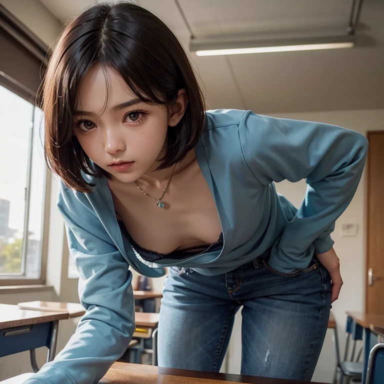 1 girl, downblouse, 15 years old, munechira,((( small breasts))), looking away, leaning forward,bending over, , birds-eye view shot , Upper body, necklace ,in classroom ,long sleeves shirt,decolated detailed bra within,jeans,short hair