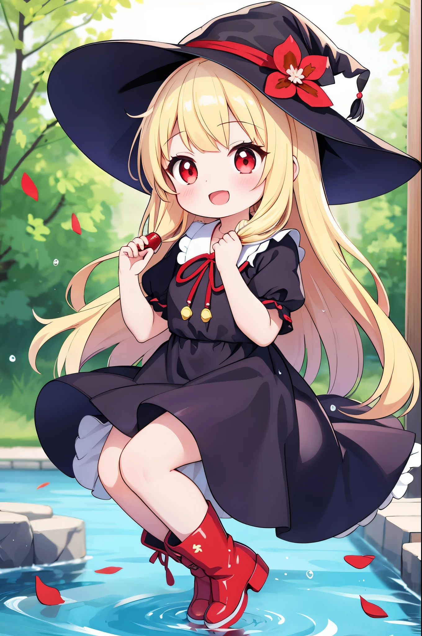 nendroid、1girl in,Witch,Long hair, Blonde hair, Witch Hat,Red Eyes,Puffy sleeves,Dress,Red_Footwear, Short sleeves,long boots、Open mouth and big smile、Water droplets on the cheeks、pretty pose、up of face、Eye Up、Flowing iridescent silk、There are flowers even in front of you、flower petals、season!!: 夏天☀ 🍂