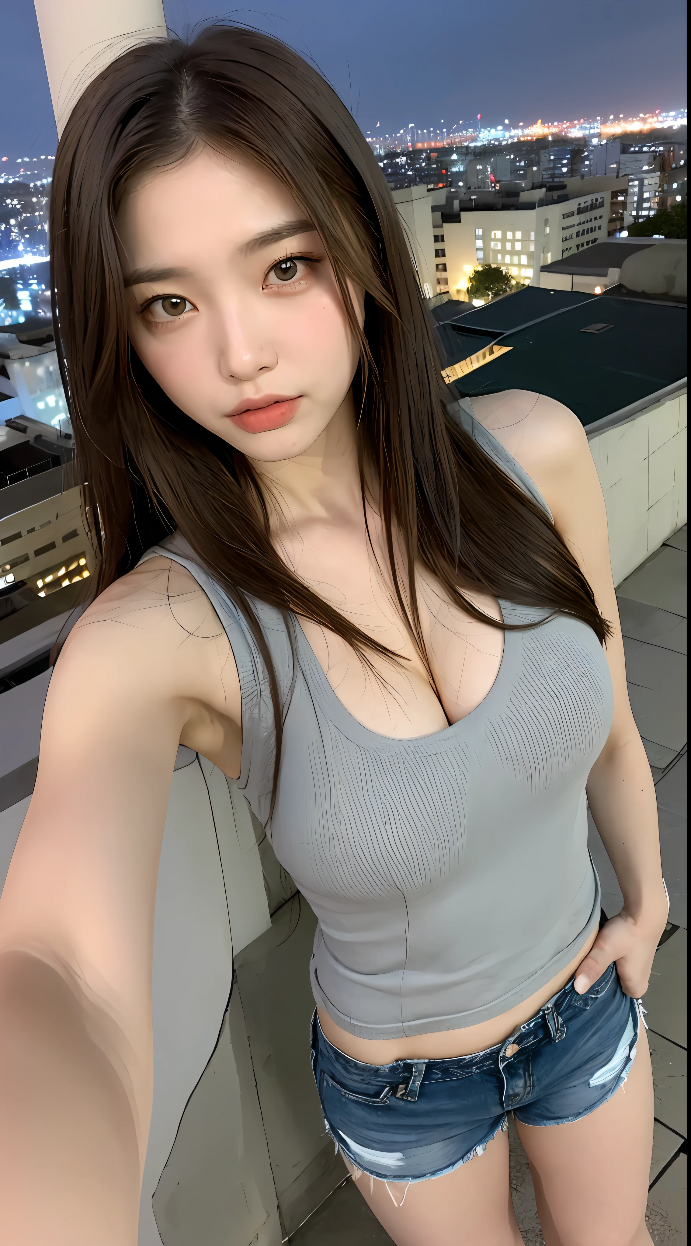 ((Midnight, Best quality, 8k, Masterpiece :1.3)), Whole body, Long legs, Sharp focus :1.2, A pretty woman with perfect figure :1.4, Slender abs, slender thigh :1.1, ((Dark brown hair, Big breasts :1.2)), (sleeveless shirt, Jean shorts, Standing:1.2), ((Night city view, Rooftop:1.3)), Highly detailed face and skin texture, Detailed eyes, Double eyelid, armpits, close up