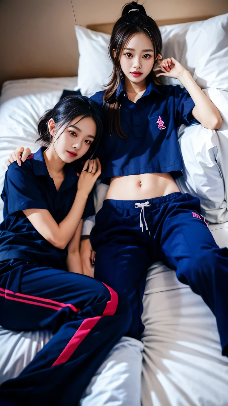 2 girls in the piano room, Navy blue short-sleeved shirt,Navy Long Trackpant,Sweatpants, Sweatpantsขายาว, lying in bed., หญิงรักhave sex, coax, Sexual arousal, Realistic poses, exercise clothes, exercise clothes, have sex