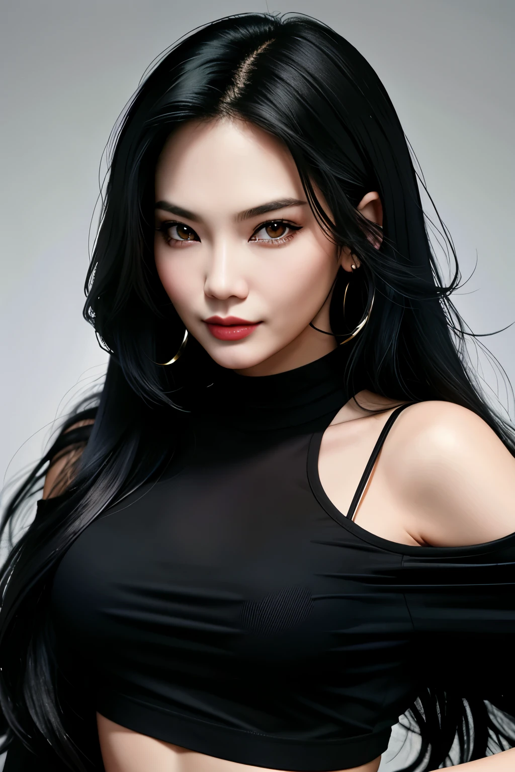 ((Masterpiece, best quality)), edgQuality,smirk,smug,
edgIndo_woman,edgIndo_face,edgIndo_body, a woman with long black hair and a black shirt
 