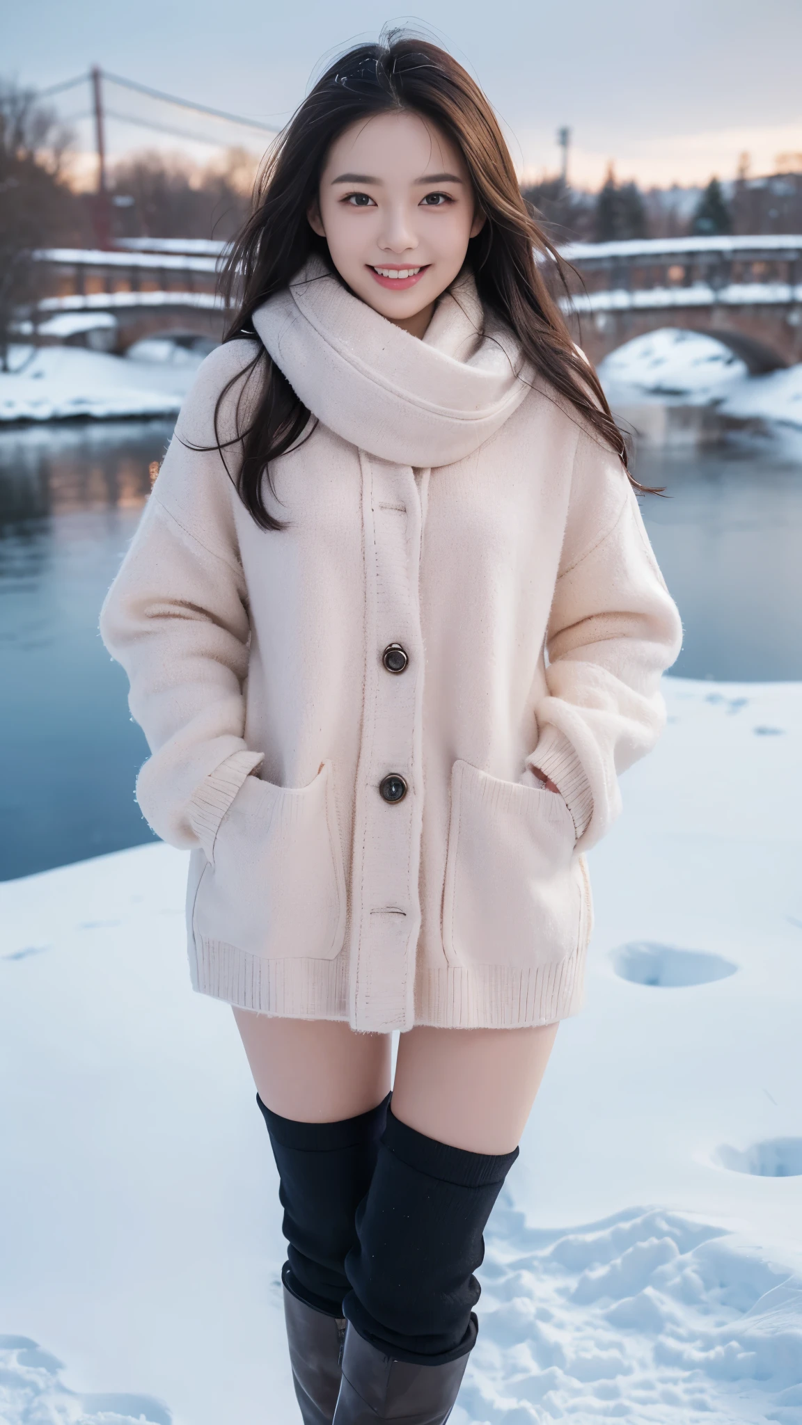 ((top quality, 8 thousand, masterpiece:1.3)), (Concentrate upon:1.2), (perfect body beauty:1.4), ((delicate hair)), Highly detailed face and skin textures, Fair eyes, double eyelid, shiny skin, smile, wear a necklace, Glossy face, small face, 20 years, beautiful smile, (raw photo:1.2)、(photorealistic:1.4)、(masterpiece:1.3)、(top quality:1.4)、dreamlike、(detailed eyes)、(Detailed facial features)、(detailed clothing features)、clean skin、(glowing skin)、(slim and beautiful girl)、(Beautiful bridge lines)、a woman、(full body shot)、solo、cute、Happy smiling face, forehead、black hair、black eye、Long scarf, pink wool sweater、mini skirt、stockings、Snow boots、Snow scenery, view from above, (Put your hands in your pockets:1.3),