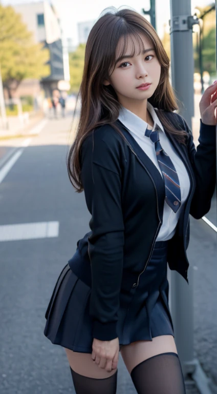 (16 K, Raw photography, Top image quality, masterpiece: 1.45), (realisitic, Photorealsitic: 1.37), one girls, cute little, A city scape,, profetional lighting, photon maping, school classrooms, physically-based renderingt, dark brown hair,pony tail hairstyle, Well-groomed and beautiful eyes、((二重まぶた))、Transcendent Cute Girl, (((student clothes、blazers、Long sleeve shirt worn by Japan high school girl、Ribbon Ties、Dark blue mini skirt,、Dark blue socks、Black loafers))), Top Quality Photos, hight resolution, 1080p, (clearface), (Detailed face description), (Detailed hand description), (masterpiece), (Exquisite CG)、extreme light and shadows、dishevled hair、master work、abundant detail、(Fine facial features)、(top quality photo)、(masuter piece)、(A detailed eye)、Look in front of you、Fine clavicle、((Slender big))、(((Japan schoolgirls wear jackets and long-sleeved shirts)))、((Neat and clean idol))、((School Gate、school ground、School building in the background))、(Shooting from random perspectives)、(((Anyway cute)))、耳环、A big smile、Drawing the whole body from the knees、Do not draw nasolabial folds、(((Sports bags used by Japan schoolgirls)))、(Big breasts that hang down big:1.2)、Big buttocks with tension、Two arms and two legs、(((from the front side:0.7)))、bare hand、(((Left and right symmetrical eyes)))、Standing Pose、There are chairs、Put your hands on your desk、Do not take the tie out of the jacket、Raise your buttocks:1.5,barebacked:1.5,