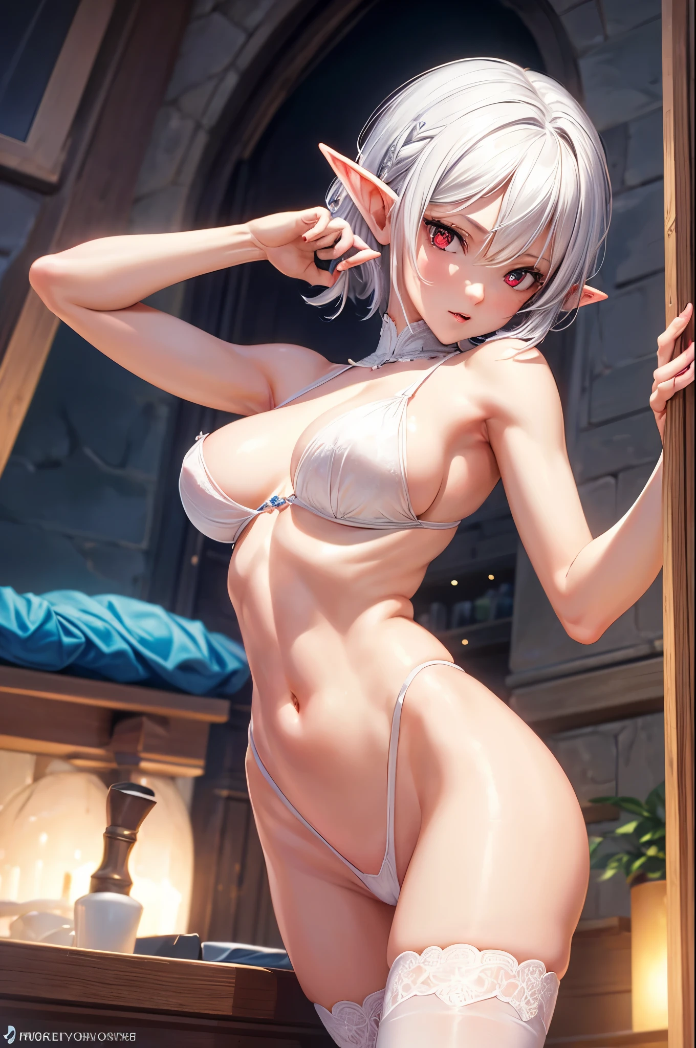 (4k quality), sexy and thin elf, naked, with breasts out, and with long stockings, and with her panties down, detailed short white hair, detailed red eyes, best quality, expressive eyes, perfect face, with her wand magic