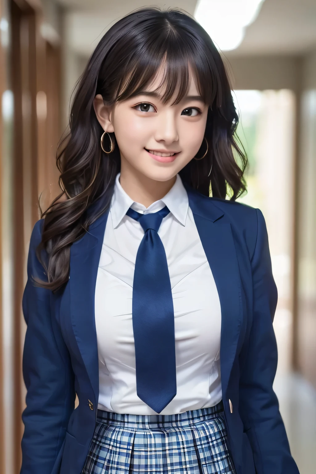 8K, highest quality, real image, intricate details, Super detailed, ultra high resolution, depth field,(realistic,realistic:1.2),table top , frontal shot , From the middle , 1 girl, eye_Chan, very beautiful girl, innocent big eyes,、beautiful breasts:1.5、非常に詳細なeye:1.2)、(beautiful breasts:1.1)、wavy hair、curly hair、bangs、, perfect skin, Fair skin, cleavage, tight waist, light blush, alone、(looking at the viewer, laughter)、((School_uniform),(dark blue blazer), (white shirt、Wearing a tie), (gray pleated skirt), (sculpture installation :1.1)、High School Hallway