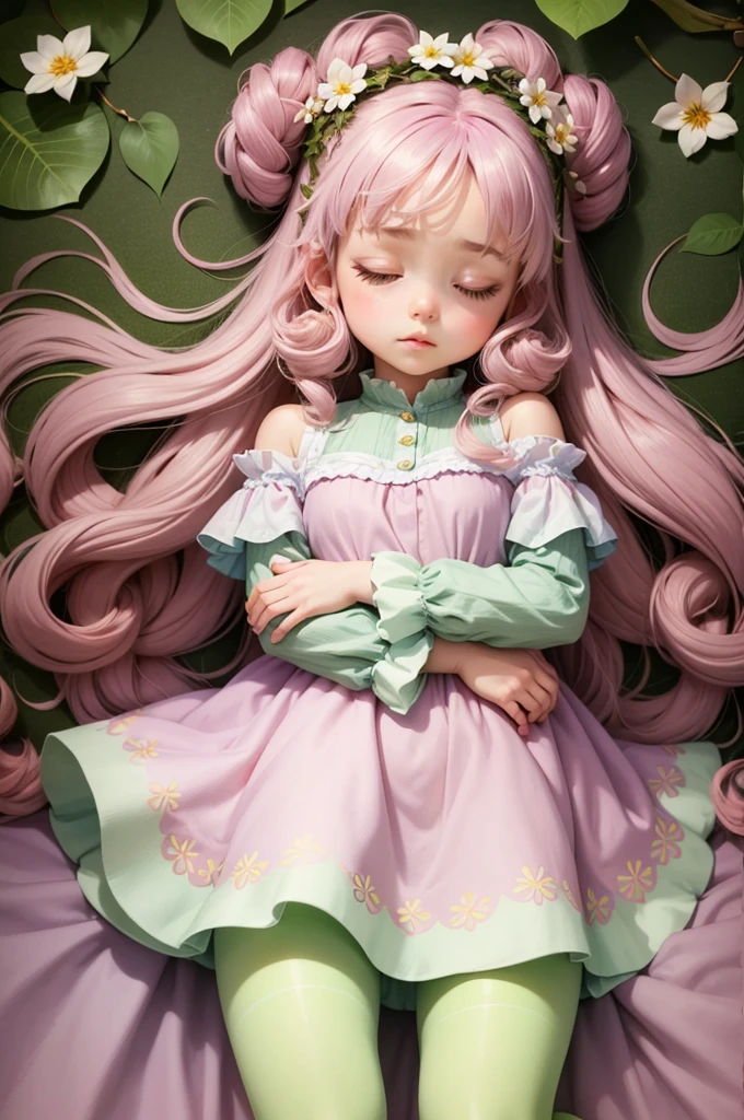 very soft pastel colors, (masterpiece:1.2), (Best quality:1.2), Perfect lighting, cute style symmetric, tiny girl perfect sleep in a giant plant leaf flower, sleep curl up, front frontal view, face european caucasian, poster style epic, fullbody, wearing herbal decor cloth light night dress, fullbody, no crop, little flowers around, curles branches thin around, wearing tcolored tights