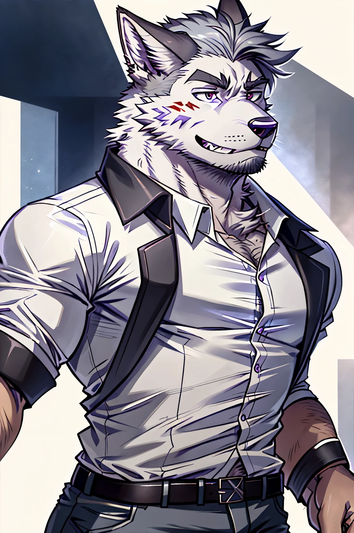 25-year old male, white shirt, hirsute, ash-grey hair, cerberus furry,Deep purple nose, sharp fangs, and a small scar on the right eyebrow