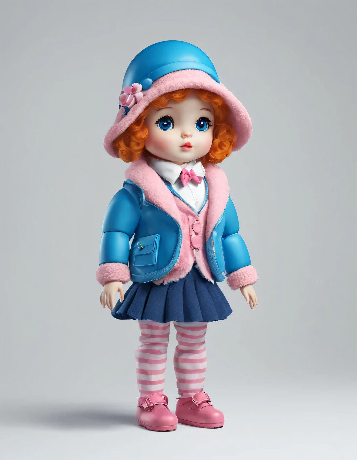 3D style rag doll design，（A very chubby modern fashionable little loli）， Wearing a rococo style pink turtleneck and blue（jacket）jacket，Winter scarf，jeans，Gloves，Bow tie tie，Butterfly tie，small round hat（Decorated with flowers or feathers），push（female）handbag， cotton、hemp、wool、pink and cool blue，搭配柔和的色调和丰富的wool纹理和毛皮元素，Create a warm and stylish winter fashion， Cartoon，Disney style，clean background，left，3D，Audio mixer，c4d，Overclocked rendering，high detail，high quality，32k，