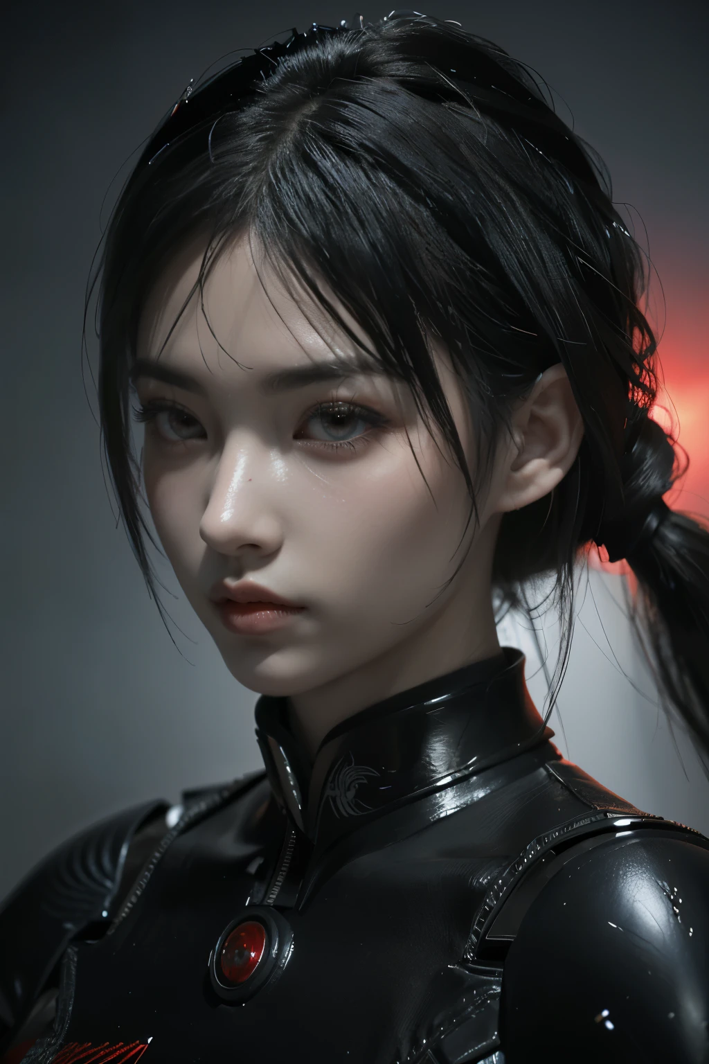 Game art，The best picture quality，Highest resolution，8K，((A bust photograph))，((Portrait))，((Head close-up))，(Rule of thirds)，Unreal Engine 5 rendering works， (The Girl of the Future)，(Female Warrior)， 22岁少女，(Female hackers)，(Ancient Oriental hairstyle)，((The pupils of the red eyes:1.3))，(A beautiful eye full of detail)，(Big breasts)，(Eye shadow)，优雅迷人，冷漠，((Anger))，(Future style silk combat suit combined with the characteristics of Chinese cheongsam，Joint Armor，There are exquisite Chinese patterns on the clothes，A flash of jewellery)，赛博朋克人物，未来风格， 拍照姿势，城市背景，Movie lights，Ray tracing，Game CG，((3D Unreal Engine))，oc渲染反射纹