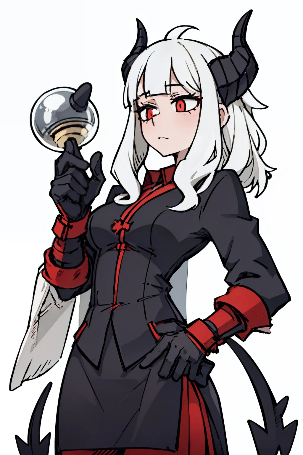 ((a woman,front,whole body)),cheongsam,White curly hair,demon horns on head,White background,Holding a bong