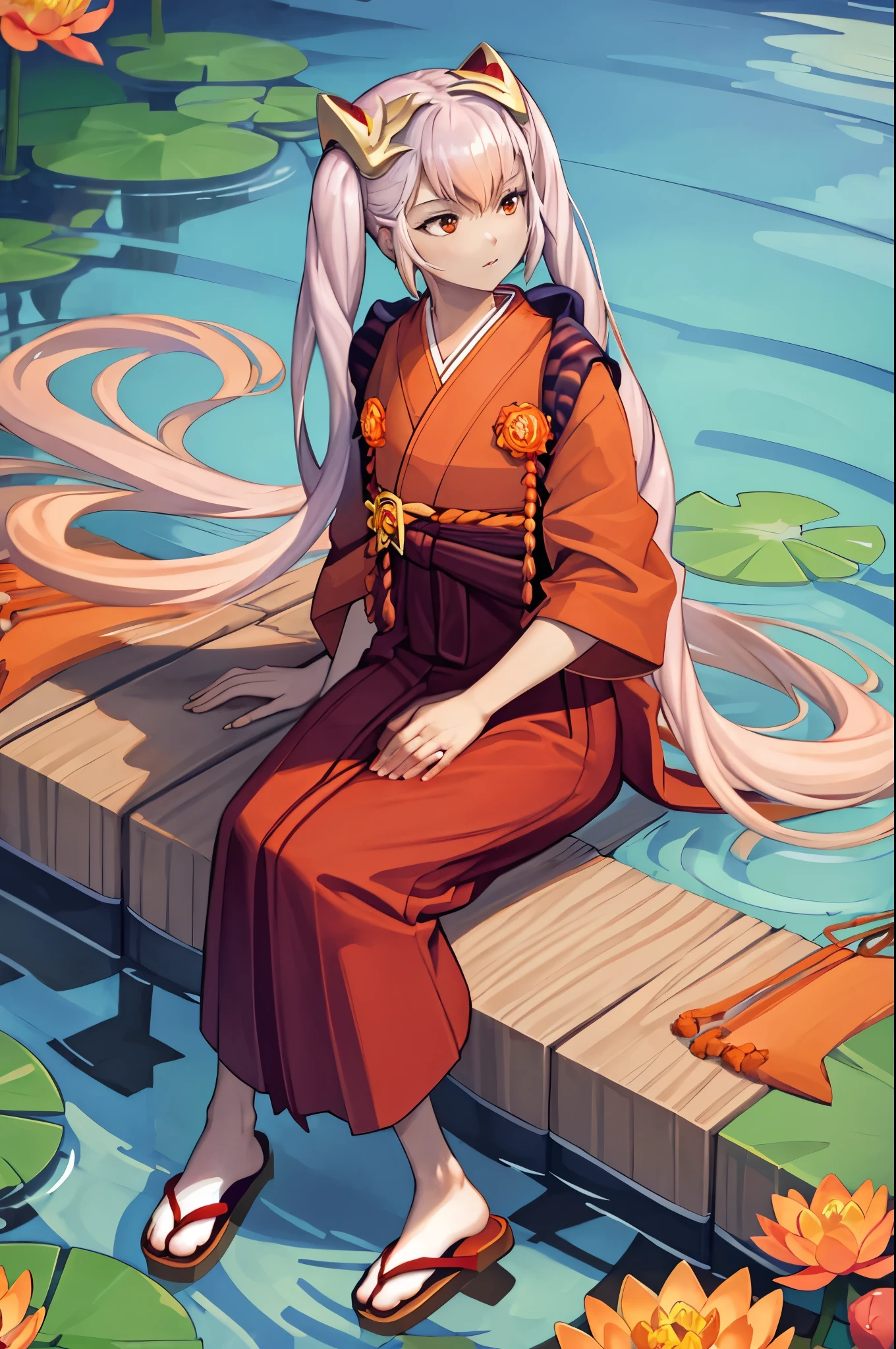 masterpiece, best quality, nyLaev, hair ornament, orange kimono, wide sleeves, sandals, japanese architecture, sitting, pond, lotus flowers, lily pads 