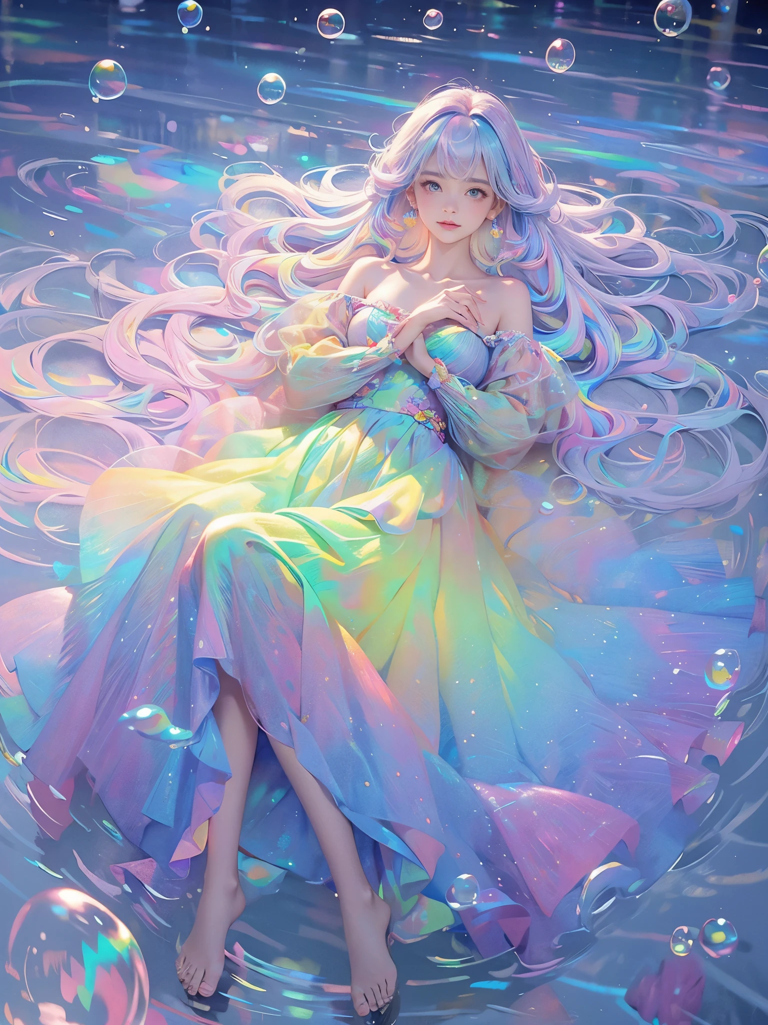 masterpiece, highest quality, intricate details, excellent anatomy、beautiful girl, sparkling eyes, Otherworldly liquid fantasia background, watercolor, bright and vibrant colors, Whimsical, colorful, Layered Tiered Puffy Long Sleeve Ball Gown, ((iridescent rainbow bubbles))、Cure、Jiyu