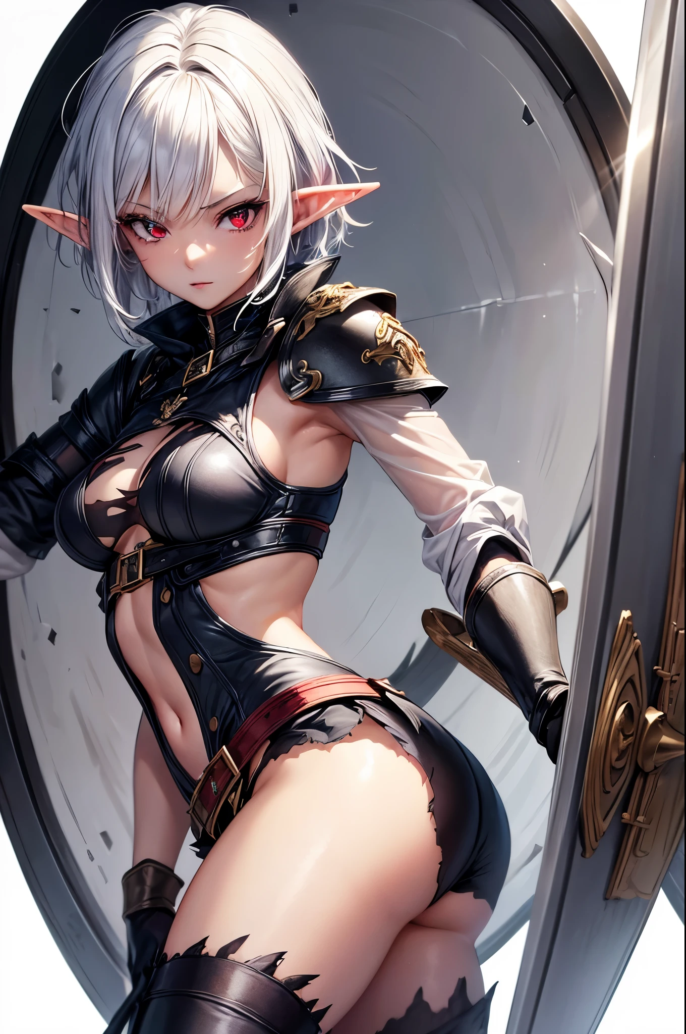 (4k quality), sexy and thin elf, torn clothes, with long stockings, no panties, detailed short white hair, detailed red eyes, best quality, expressive eyes, perfect face, with a shield and sword