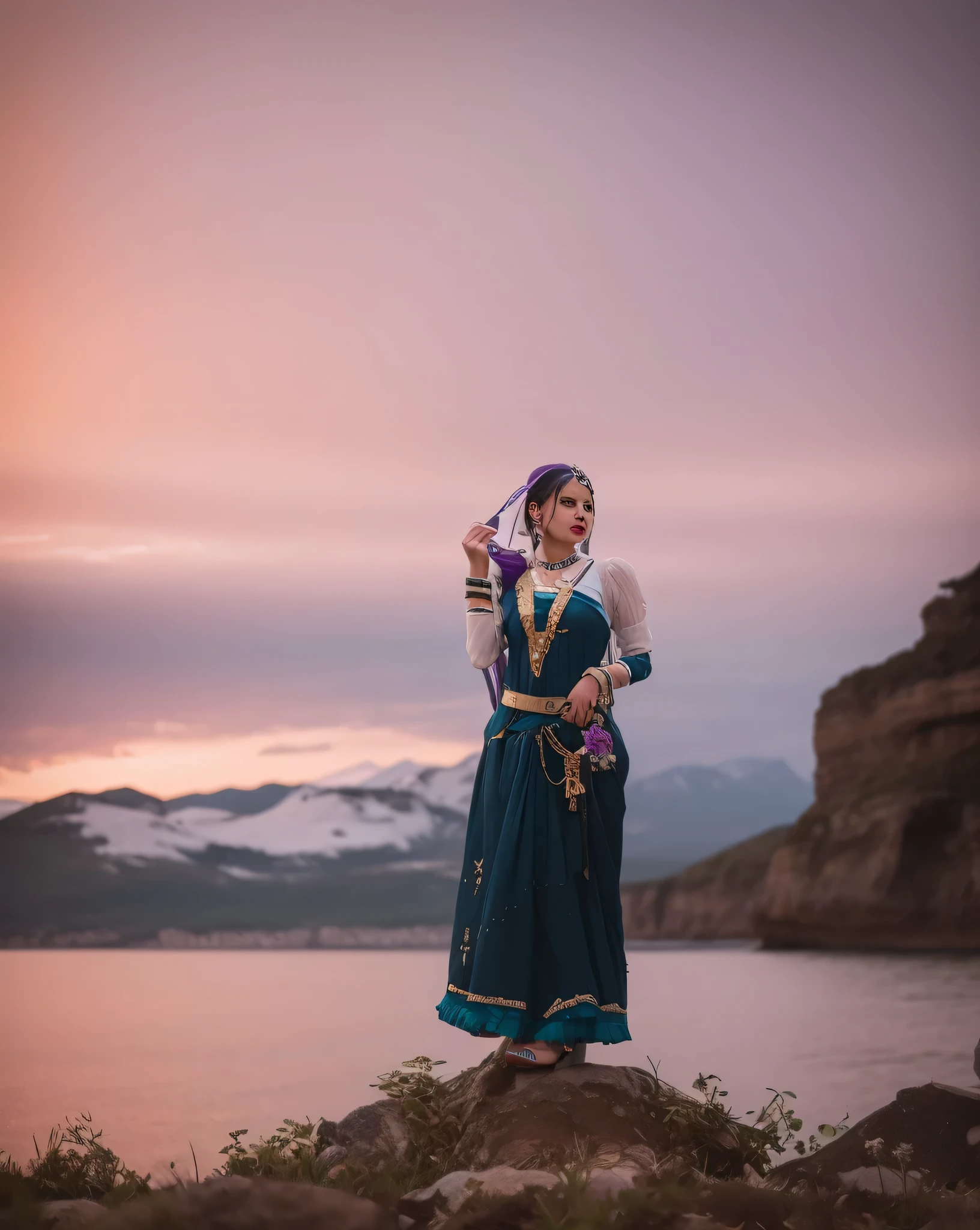 there is a woman in a purple dress standing on a rock, blue colored traditional wear, shot on sony a 7, shot on canon eos r5, shot on canon eos r 5, cinematic shoot, traditional clothing, traditional clothes, cinematic full shot, traditional dress, shot on nikon z9, wearing traditional garb, taken with a canon eos 5 d