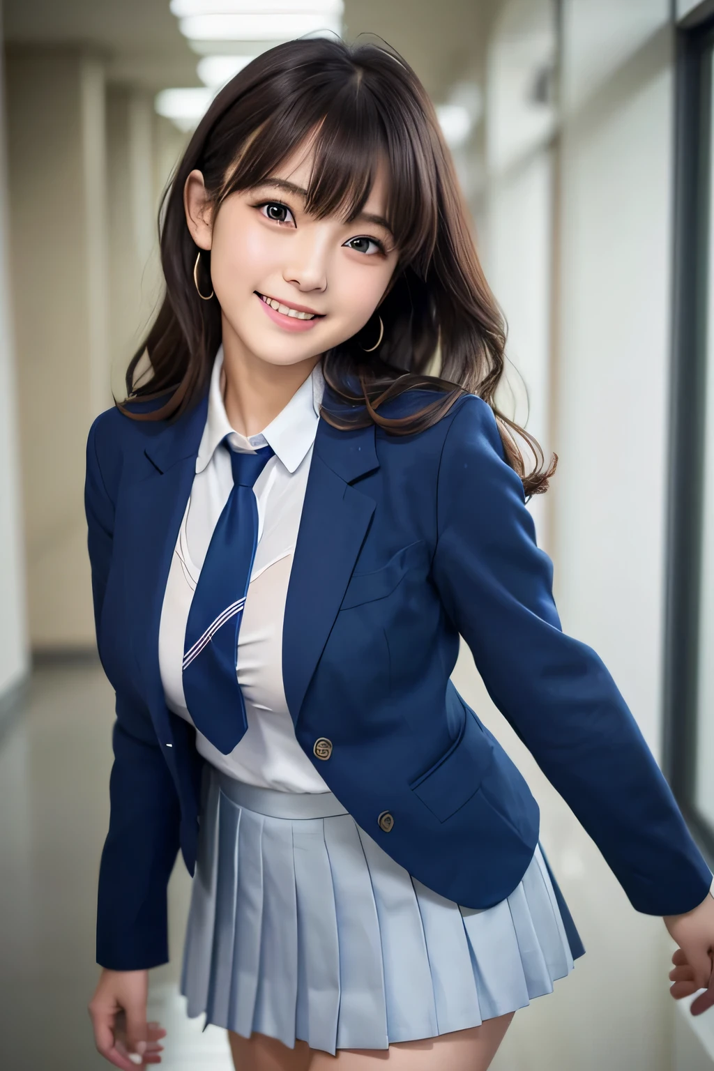 8K, highest quality, real image, intricate details, Super detailed, ultra high resolution, depth field,(realistic,realistic:1.2), frontal shot , From the middle , 1 girl, eye_Chan, very beautiful girl, innocent big eyes,、beautiful breasts:1.5、非常に詳細なeye:1.2)、(beautiful breasts:1.1)、wavy hair、curly hair、bangs、, perfect skin, Fair skin, cleavage, tight waist, light blush, alone、(looking at the viewer, laughter)、((School_uniform),(dark blue blazer), (white shirt、Wearing a tie), (gray pleated skirt), (sculpture installation :1.1)、High School Hallway