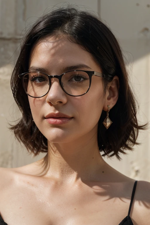 Black hair, glasses, stud earrings, vintage, feminine, 8k, masterpiece, best quality, excellent detail) , (high saturation, best shadows, best light, extremely delicate bleaching) dark style