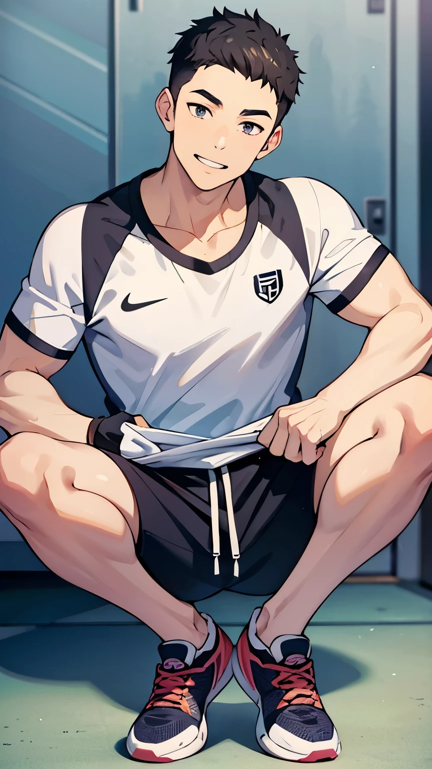 Handsome guy in white socks, abs boy, sunny handsome, anime male protagonist, male high school student, white socks, topless, sports shorts, full body photo, detailed face, bulge, wet shorts