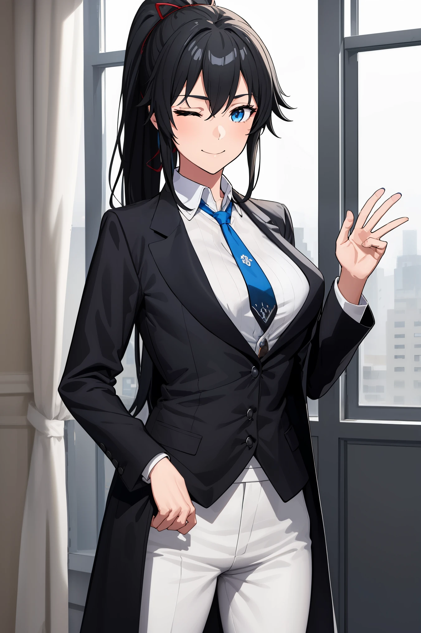 ((best quality)), ((masterpiece)), (detailed) 1girl 1girl, ;\), blurry, blurry_background, breasts, , hair_ponytail ribbon, looking_at_viewer, ok_sign, one_eye_closed, open_hand, Yukinoshita Yukino ,Woman wearing formal clothes, An attractive coat stands in a large gap in the room , 1girl, 独奏, blue necktie, Black hair, eyes blue, long hair, smile , collared shirt, white pants, white shirt , Elegantly designed coat , Stand in front of a window ,Perfectly tailored tailcoat. It has a stunning Victorian design and is made of lustrous fabric