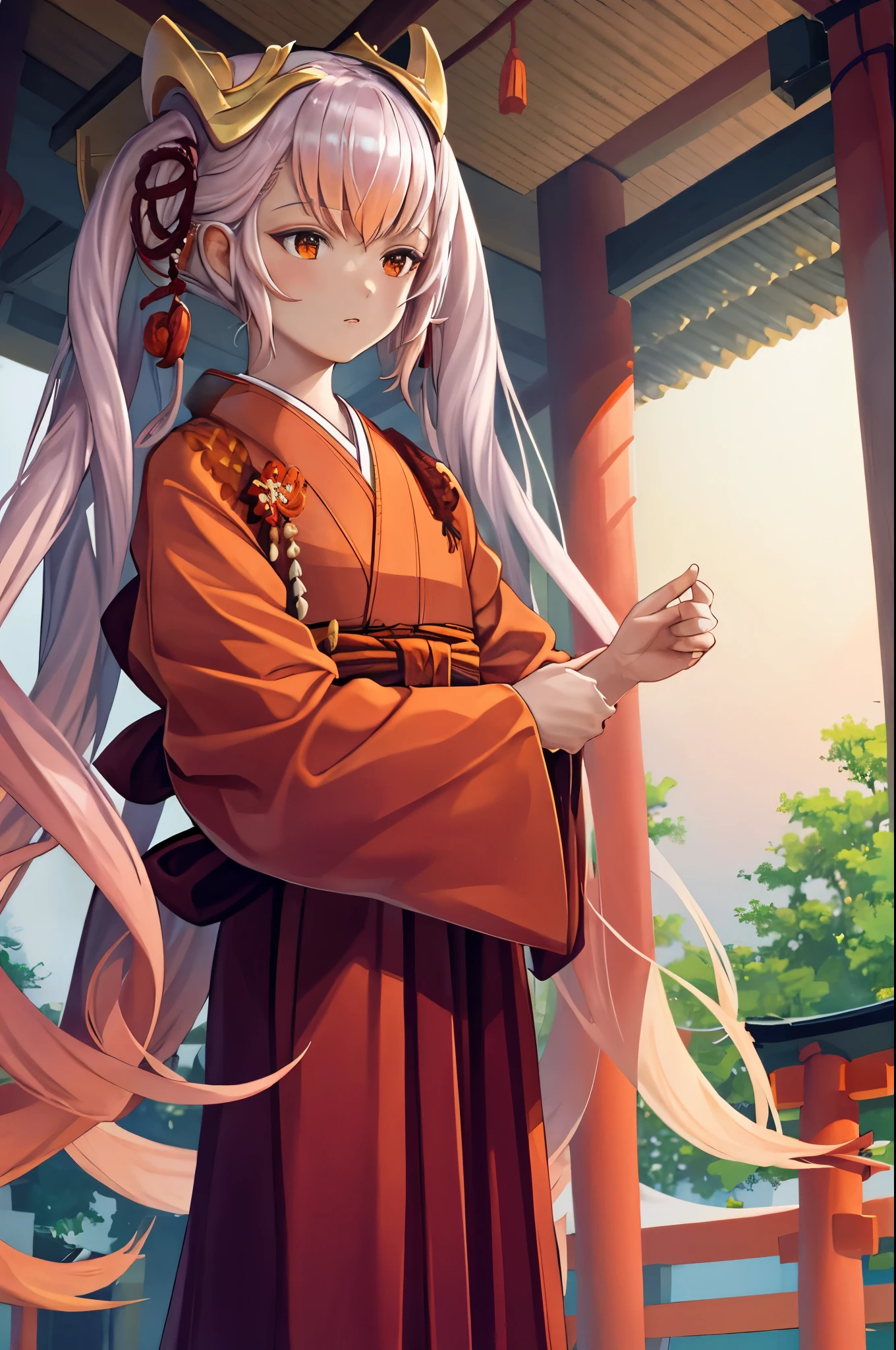 masterpiece, best quality, nyLaev, hair ornament, orange kimono, wide sleeves, japanese architecture, cowboy shot, upper body, 